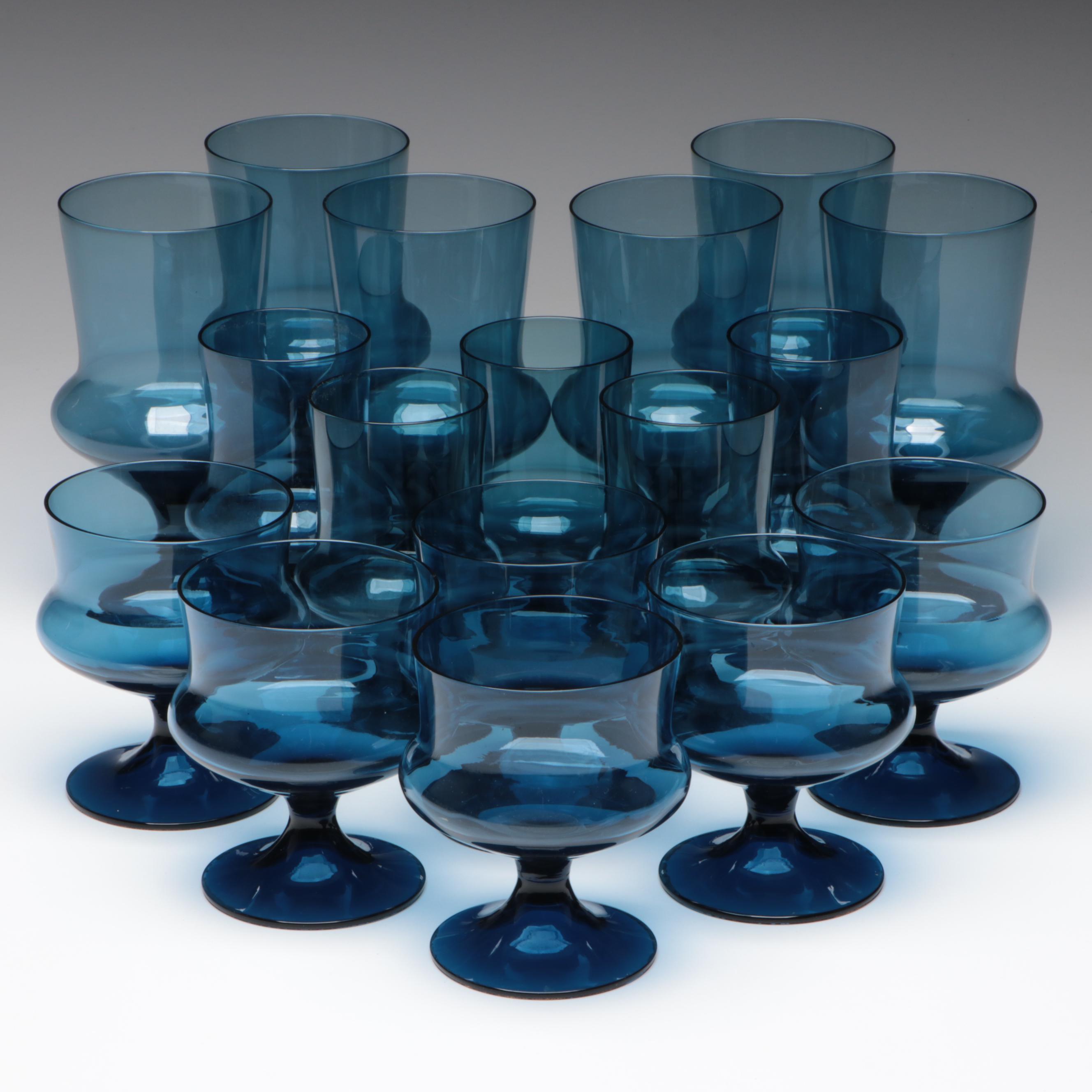 Blue Flared Water Goblets, Wine Glasses, and Champagne Sherbets