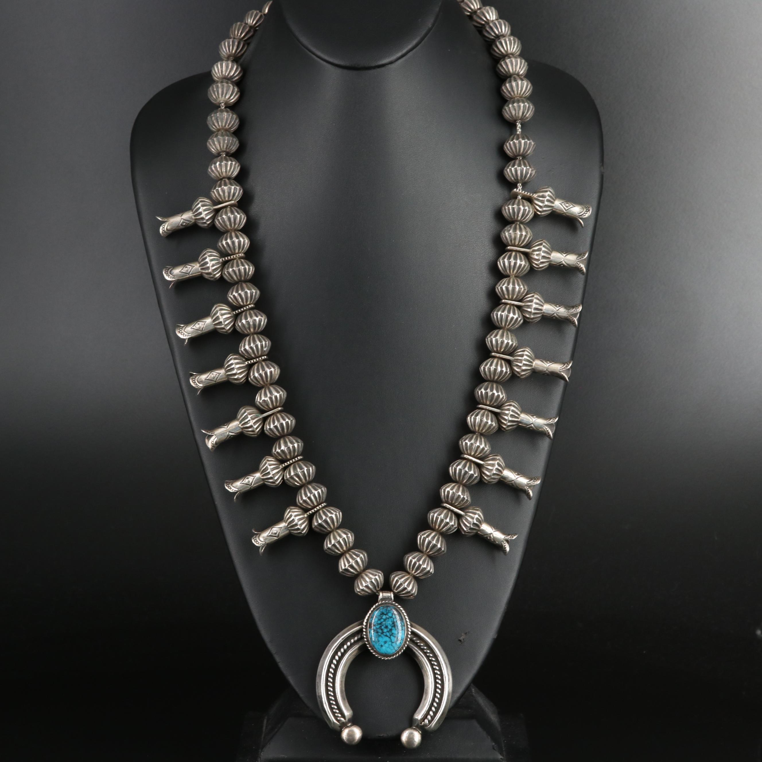 Eugene Hale Navajo Diné Sterling Turquoise Squash Blossom Necklace