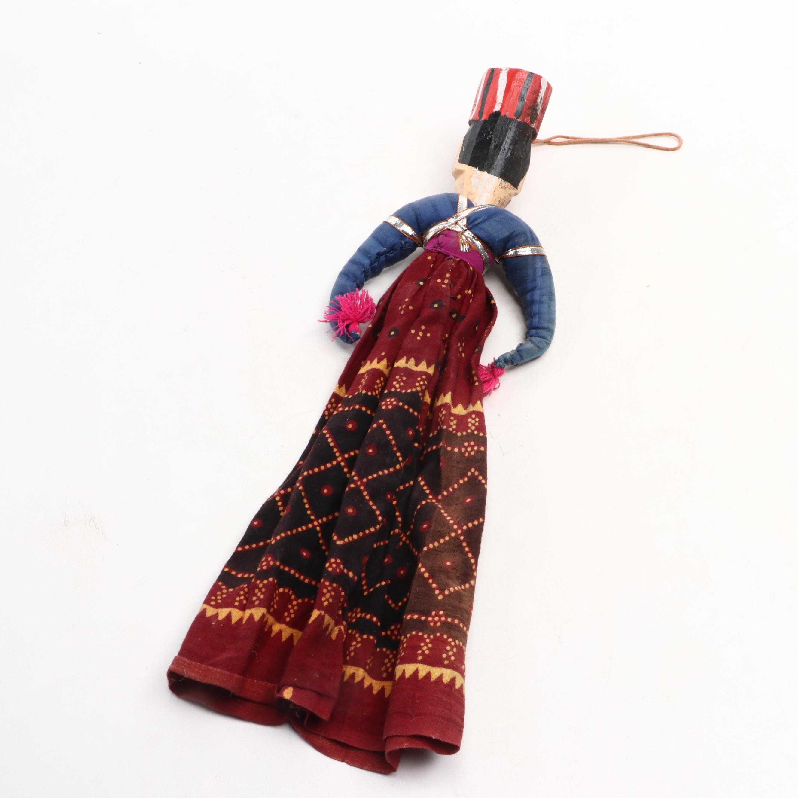 Southeast Asian Style Lacquerware Tray with Indian Folk Art Puppets and Decor