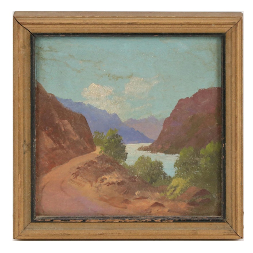 Willard J. Page Miniature Canyon Landscape Oil Painting "Rio Grande," Circa 1943