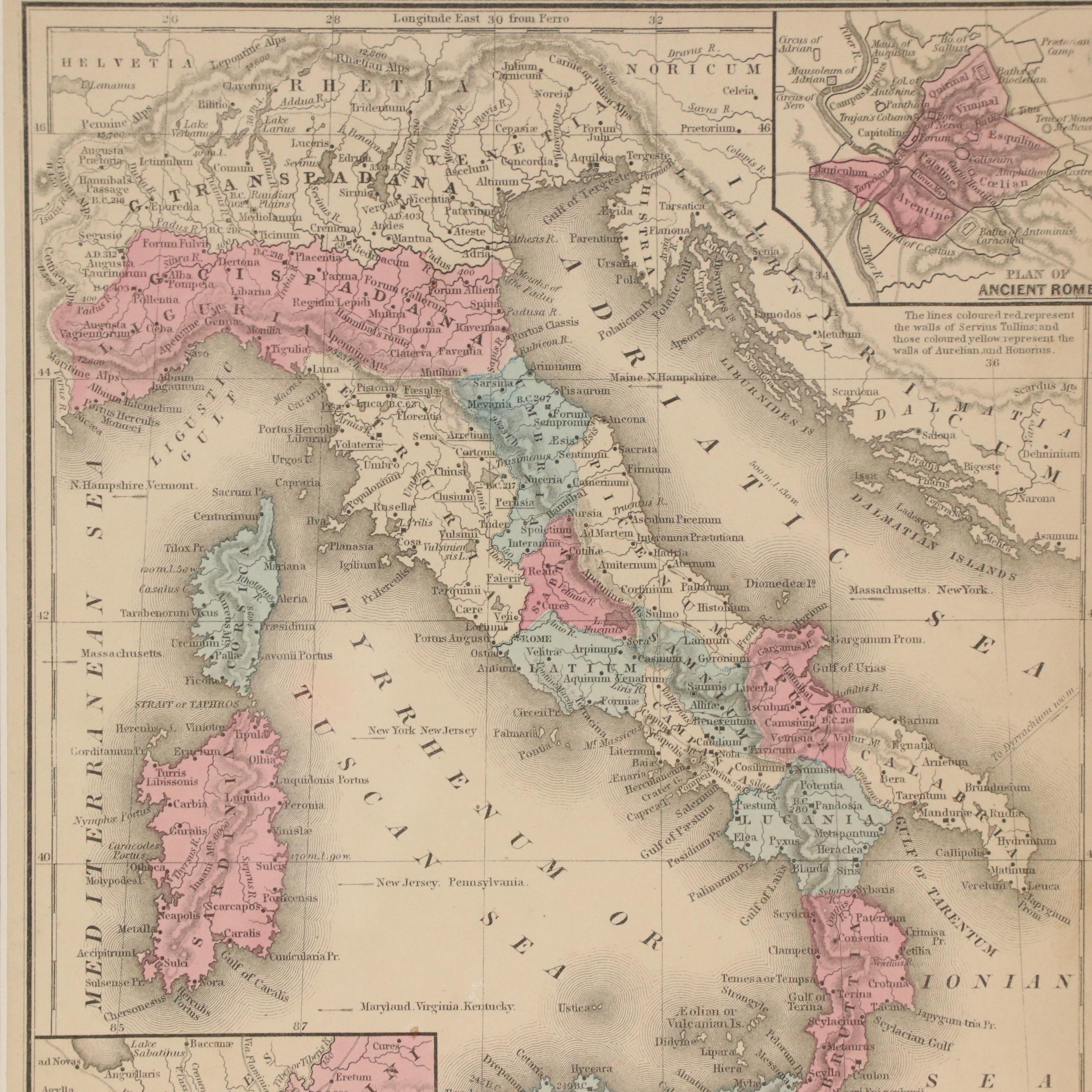 Mitchell's Ancient Geography Hand-Colored Engraved Map of Ancient Italy, 1844