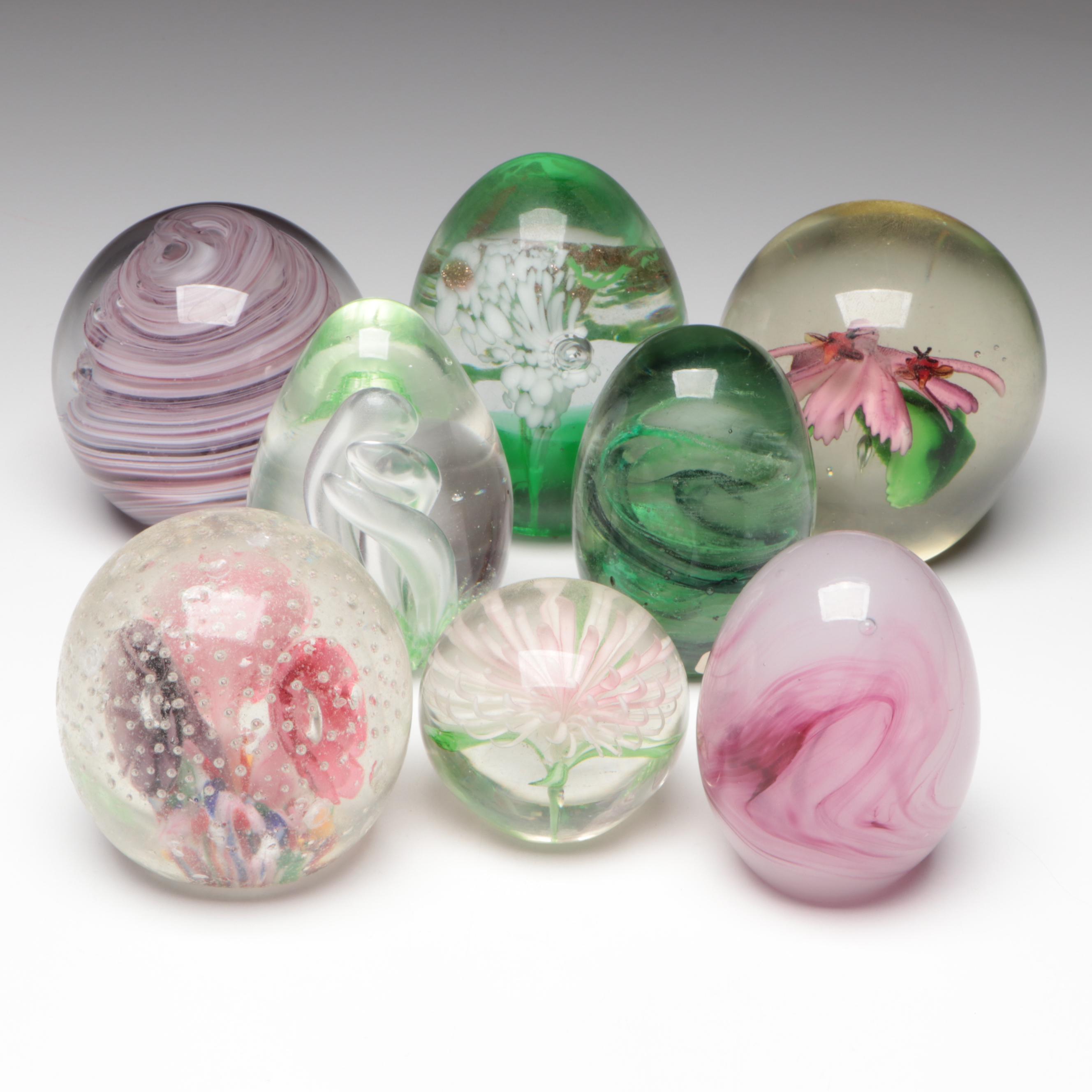 Handmade Art Glass Paperweights Including Floral, Controlled Bubble, and More