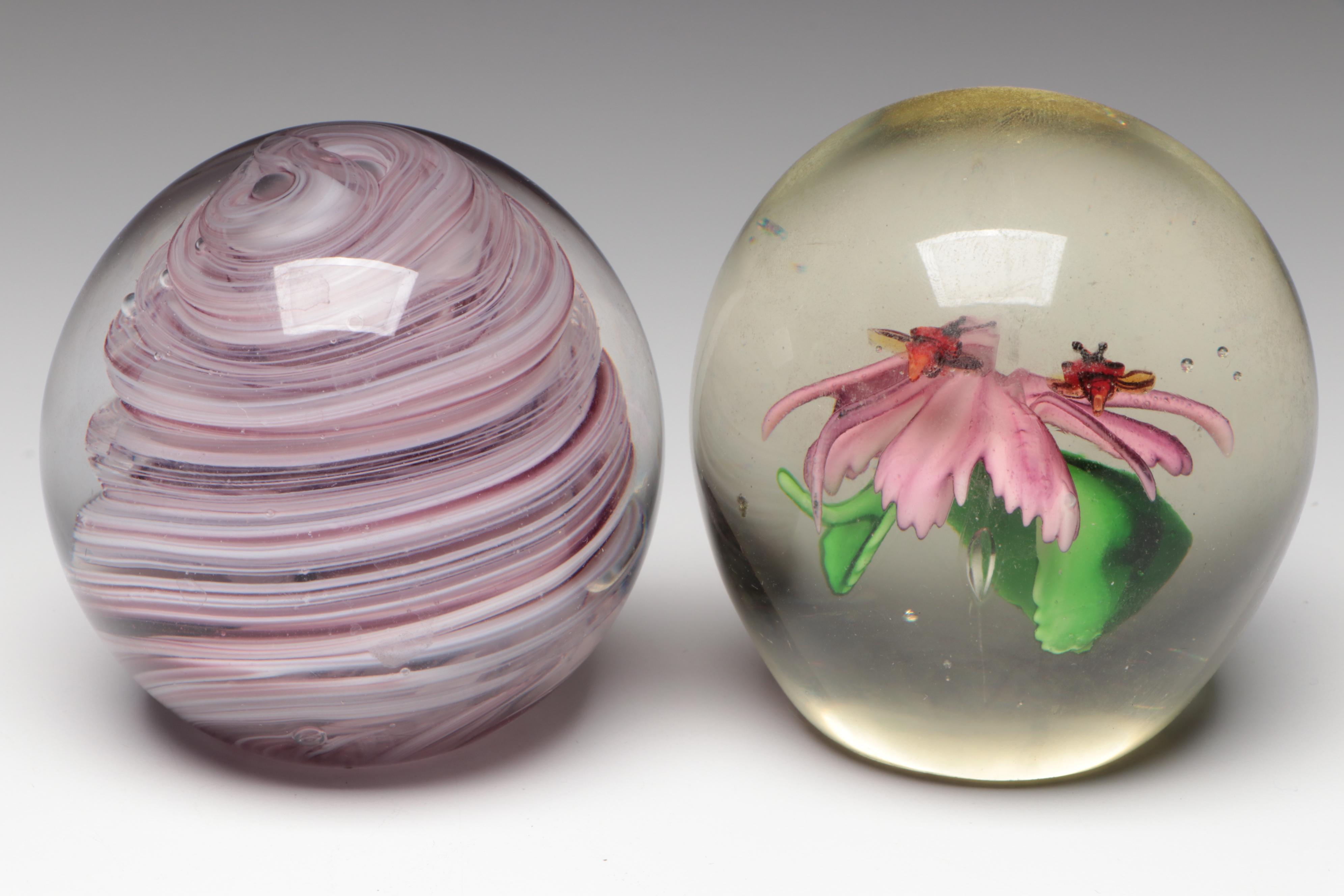 Handmade Art Glass Paperweights Including Floral, Controlled Bubble, and More