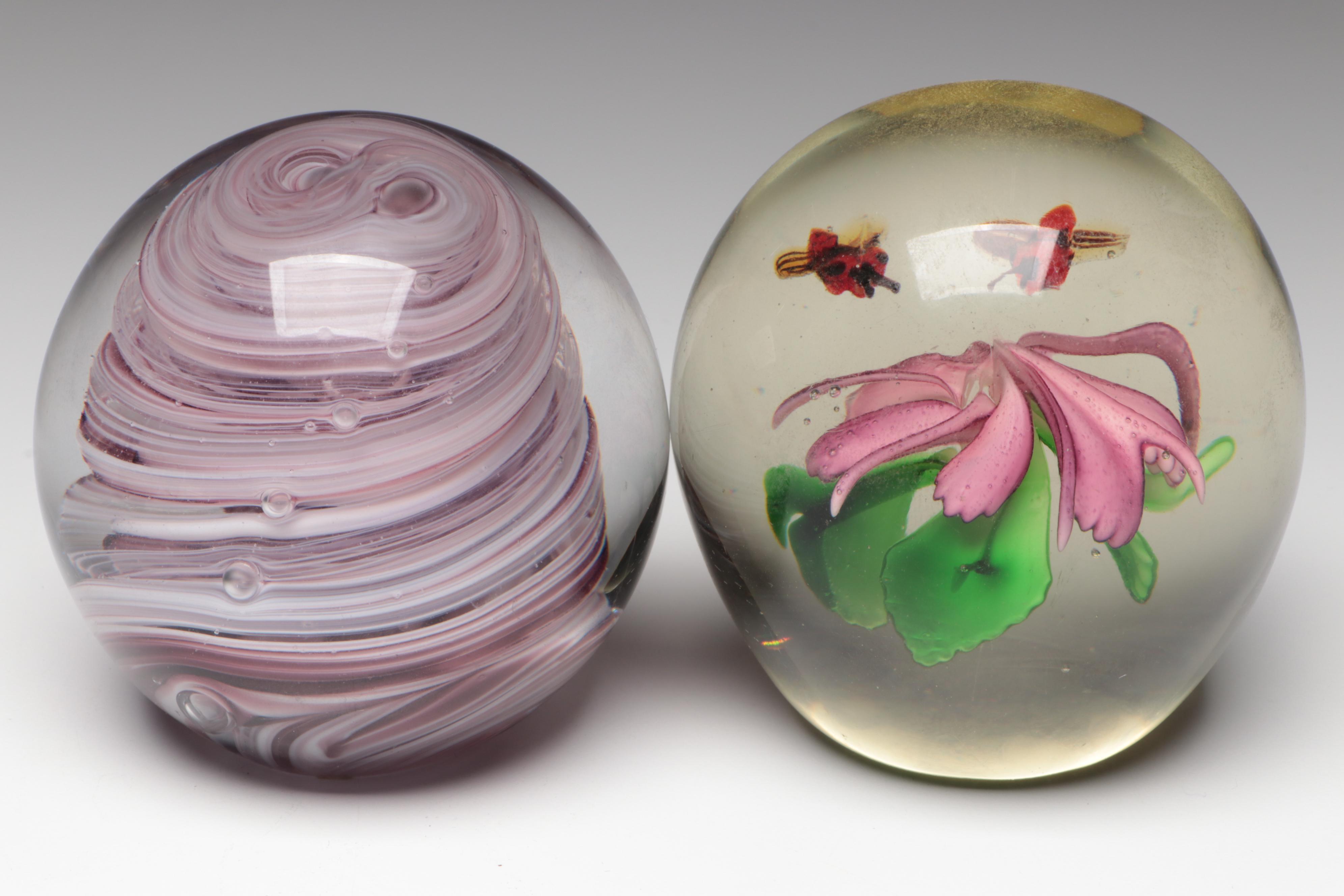 Handmade Art Glass Paperweights Including Floral, Controlled Bubble, and More