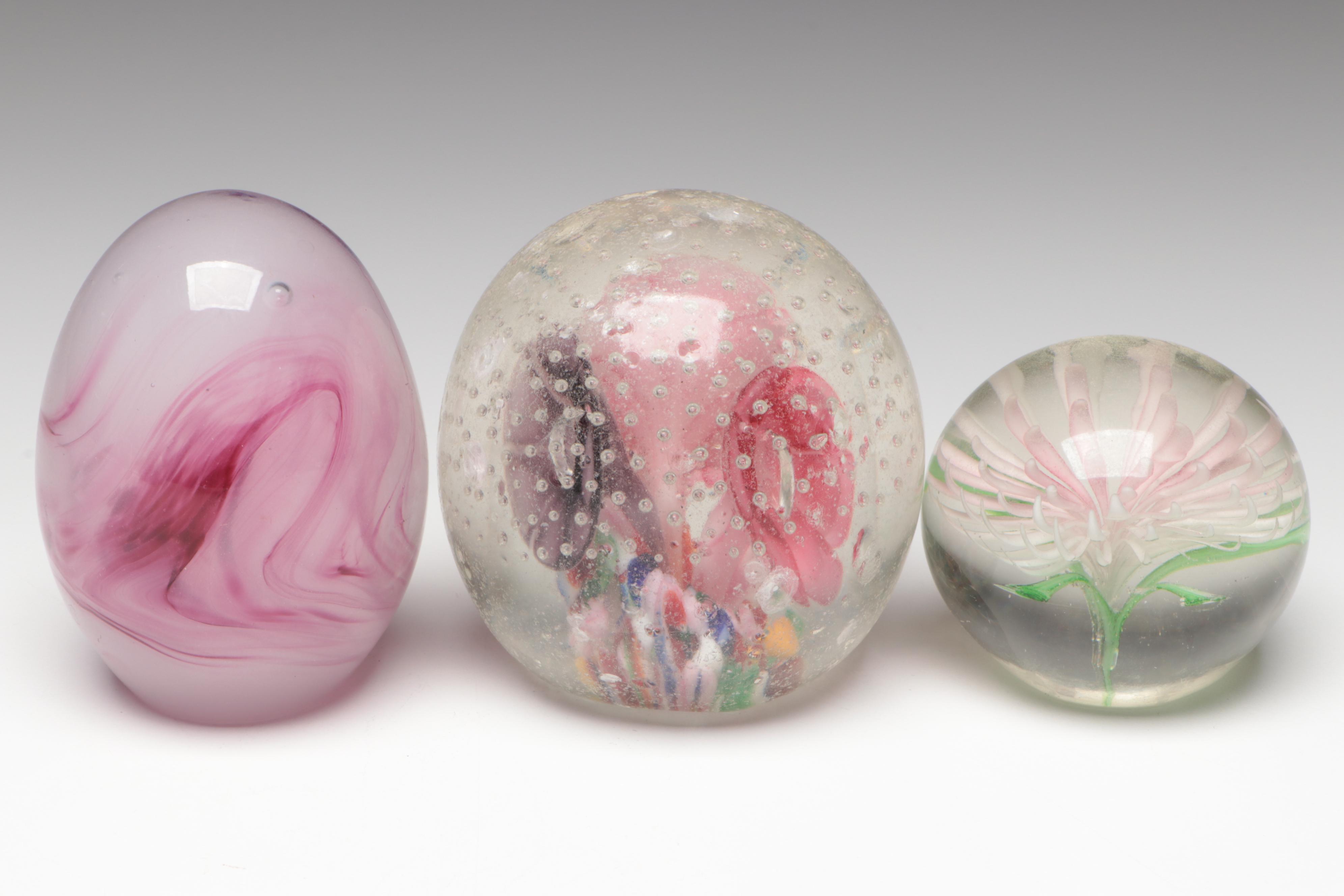 Handmade Art Glass Paperweights Including Floral, Controlled Bubble, and More