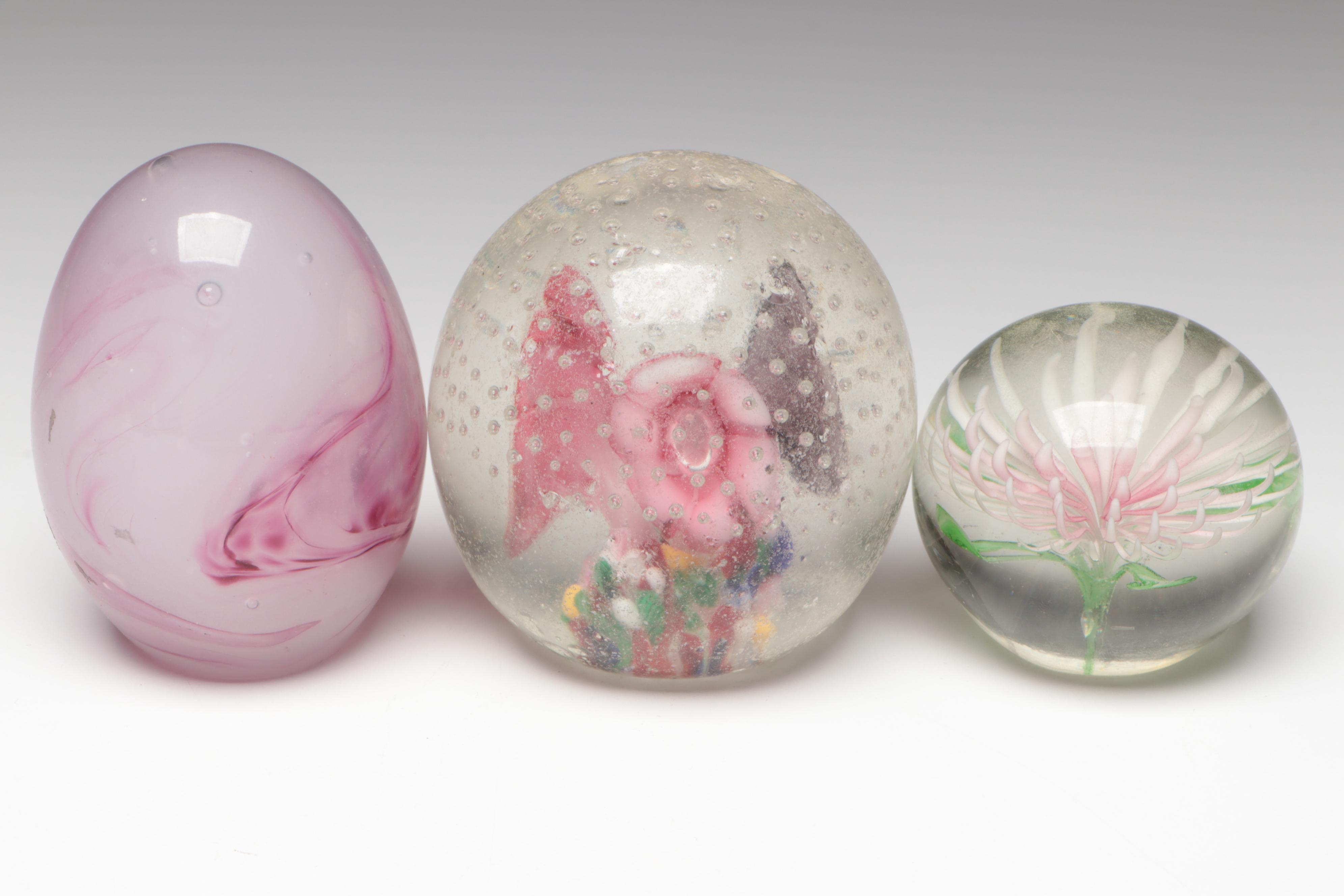 Handmade Art Glass Paperweights Including Floral, Controlled Bubble, and More