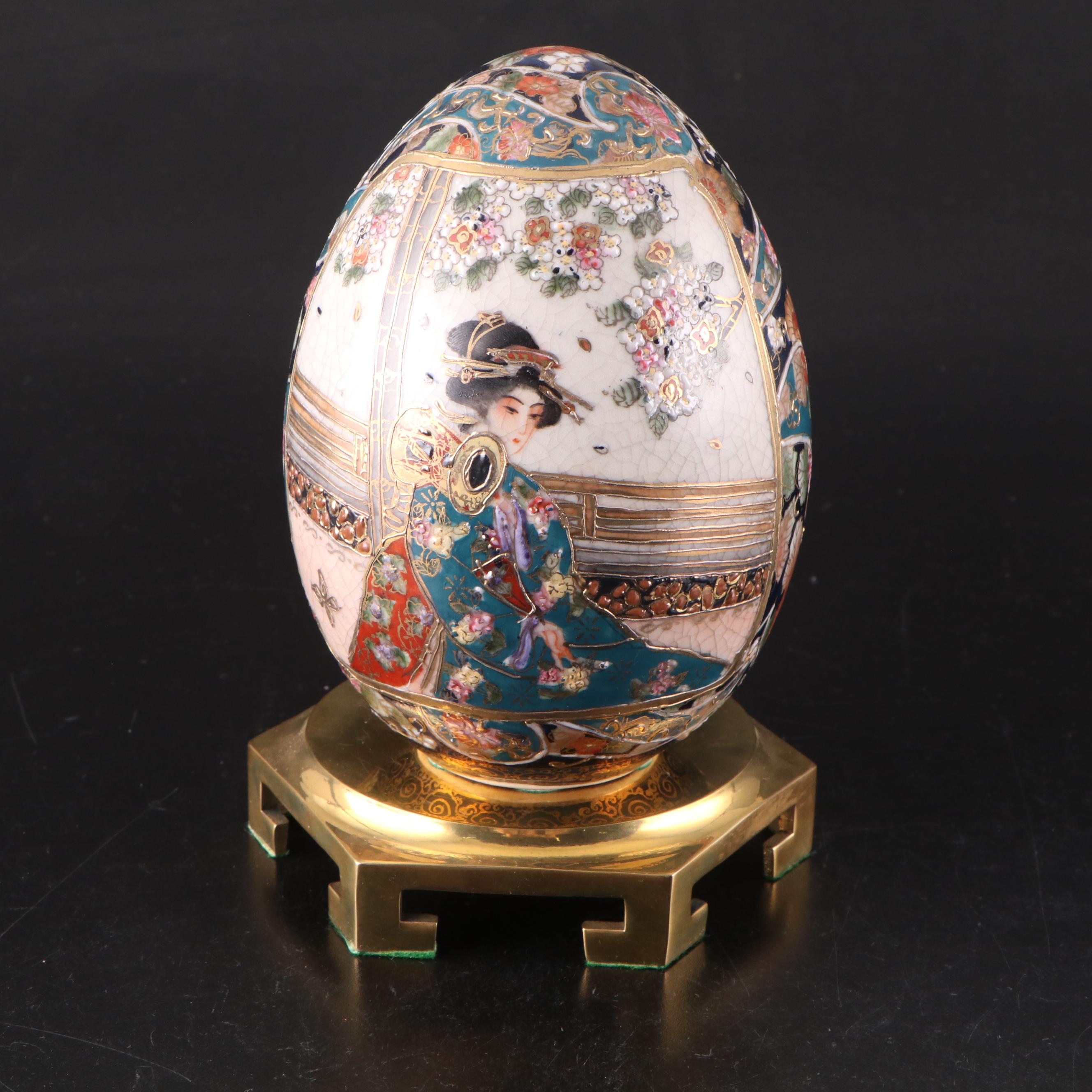 Japanese Satsuma Style Porcelain Egg with Brass Stand and Faceted Glass Box