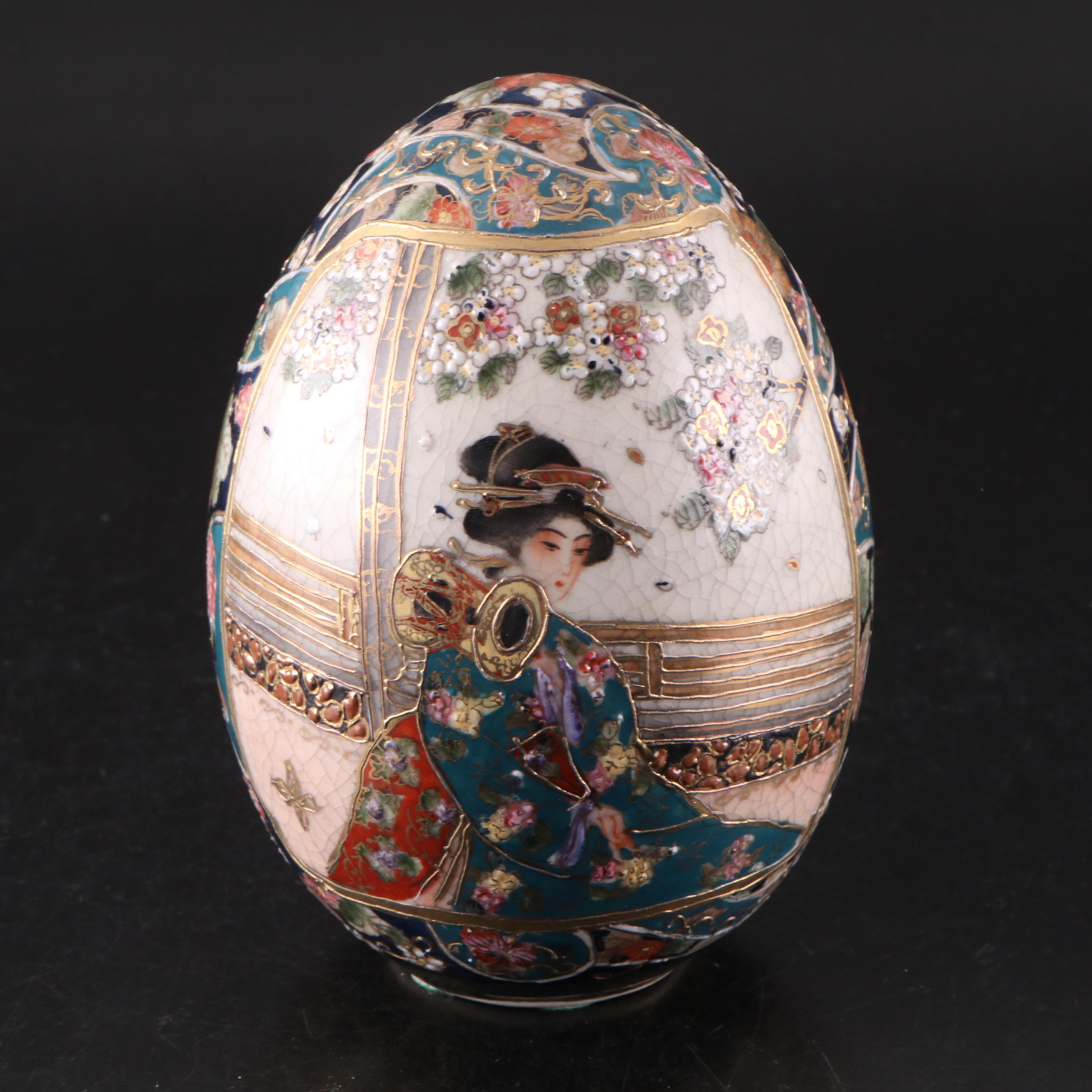 Japanese Satsuma Style Porcelain Egg with Brass Stand and Faceted Glass Box