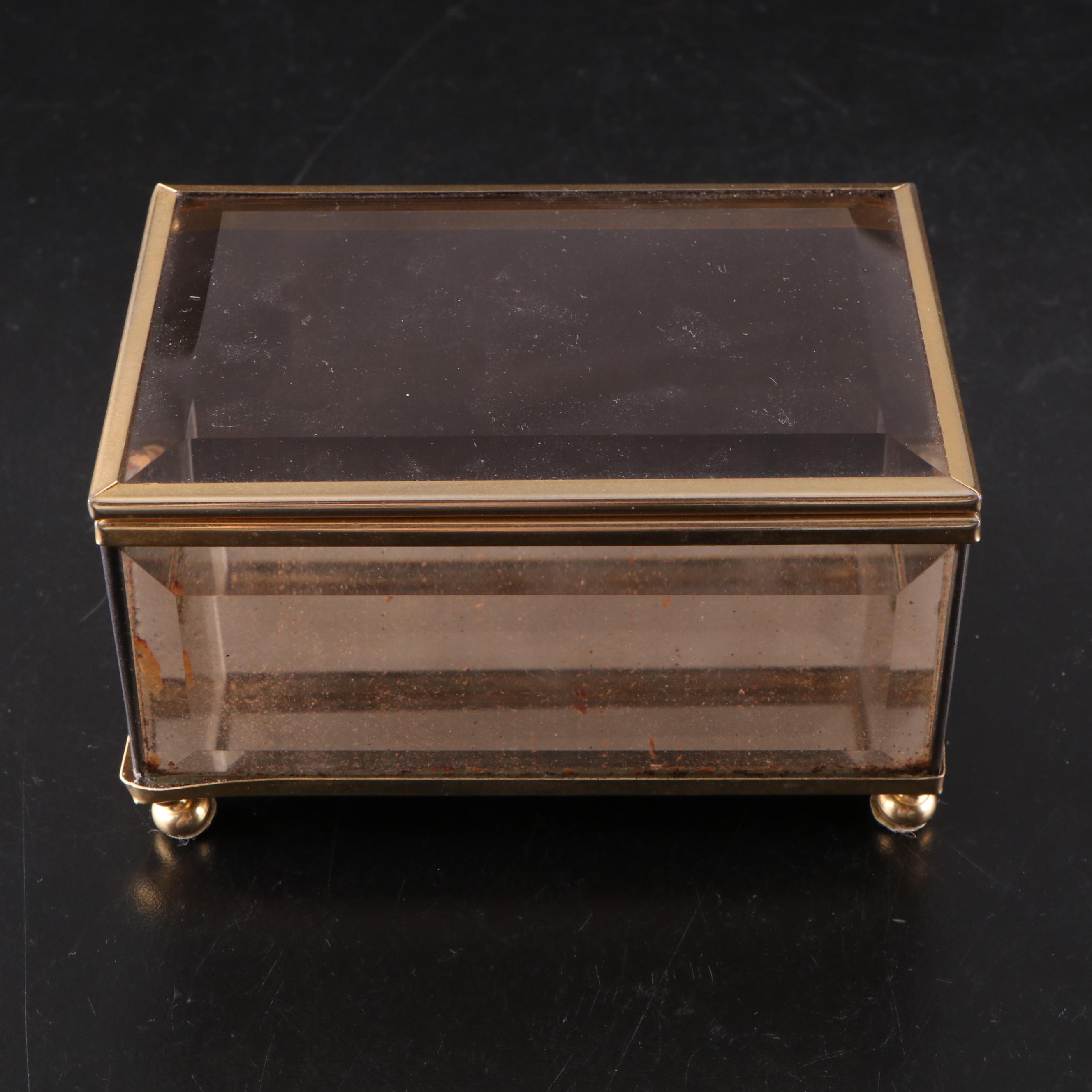 Japanese Satsuma Style Porcelain Egg with Brass Stand and Faceted Glass Box