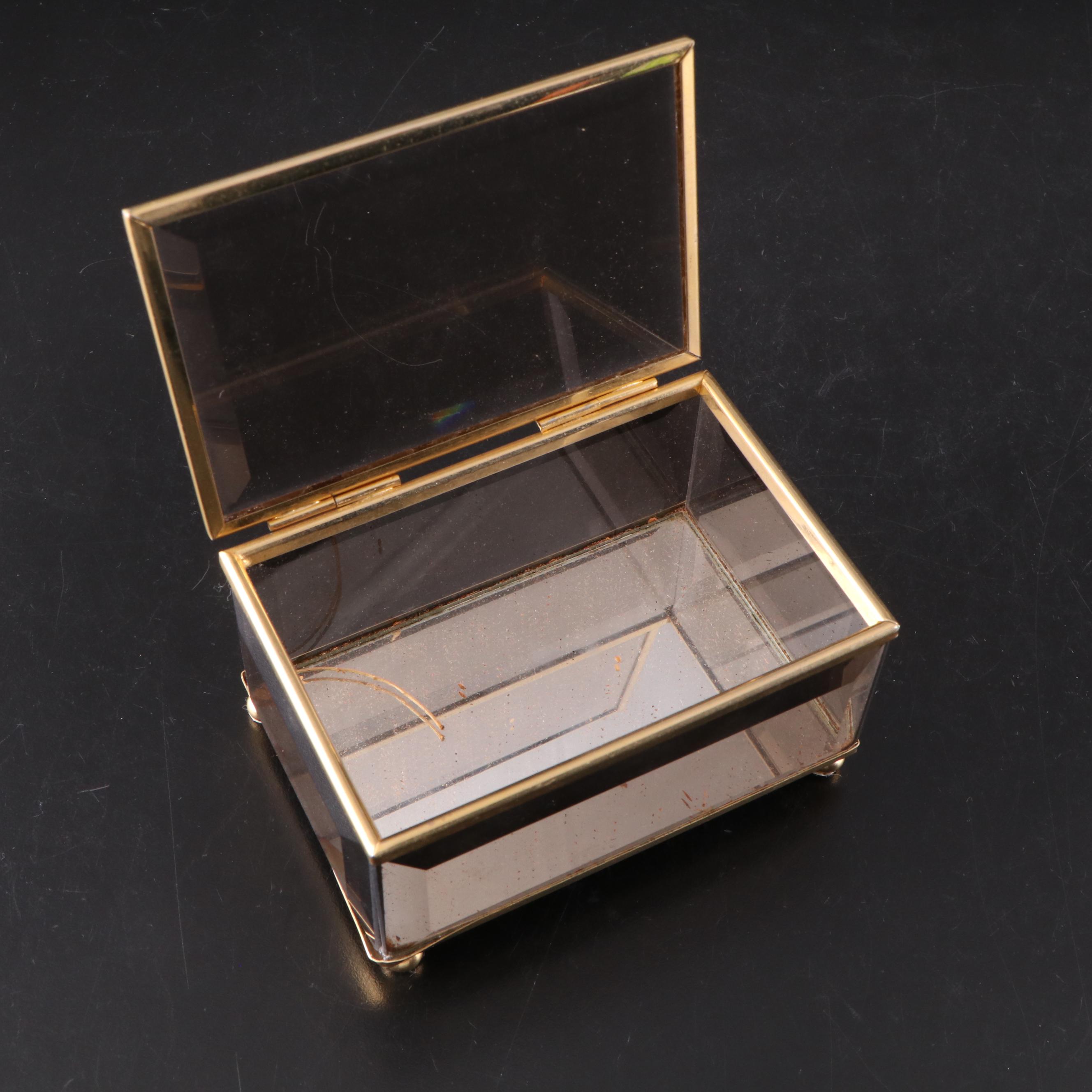 Japanese Satsuma Style Porcelain Egg with Brass Stand and Faceted Glass Box