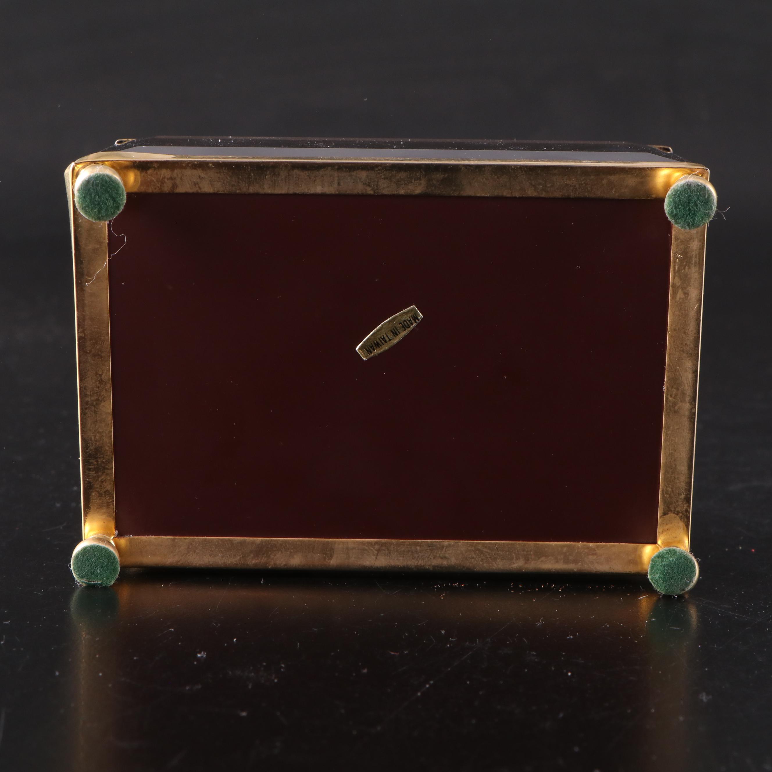 Japanese Satsuma Style Porcelain Egg with Brass Stand and Faceted Glass Box