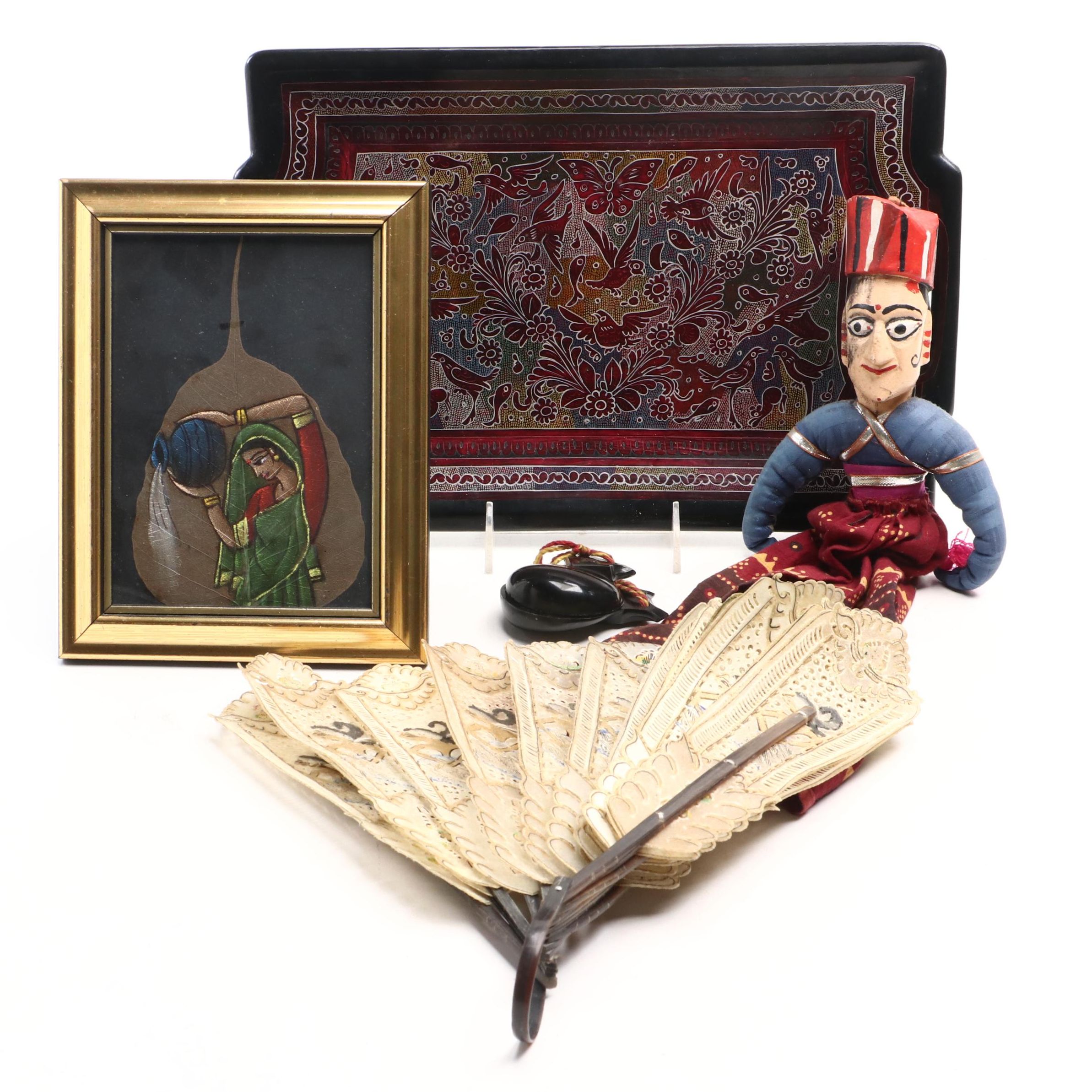 Southeast Asian Style Lacquerware Tray with Indian Folk Art Puppets and Decor