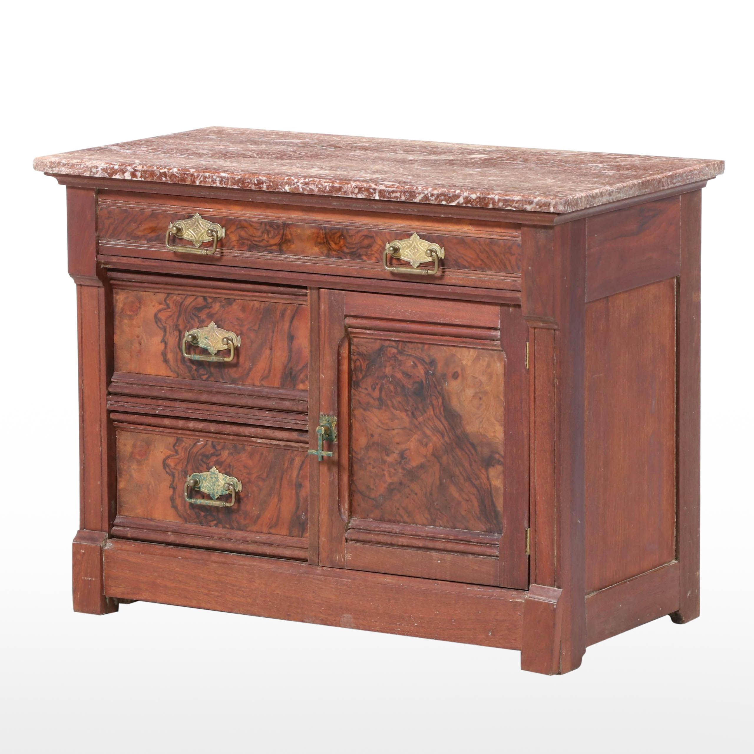 Robert Mitchell Furniture Victorian Walnut, Burl Walnut, & Marble Top Washstand