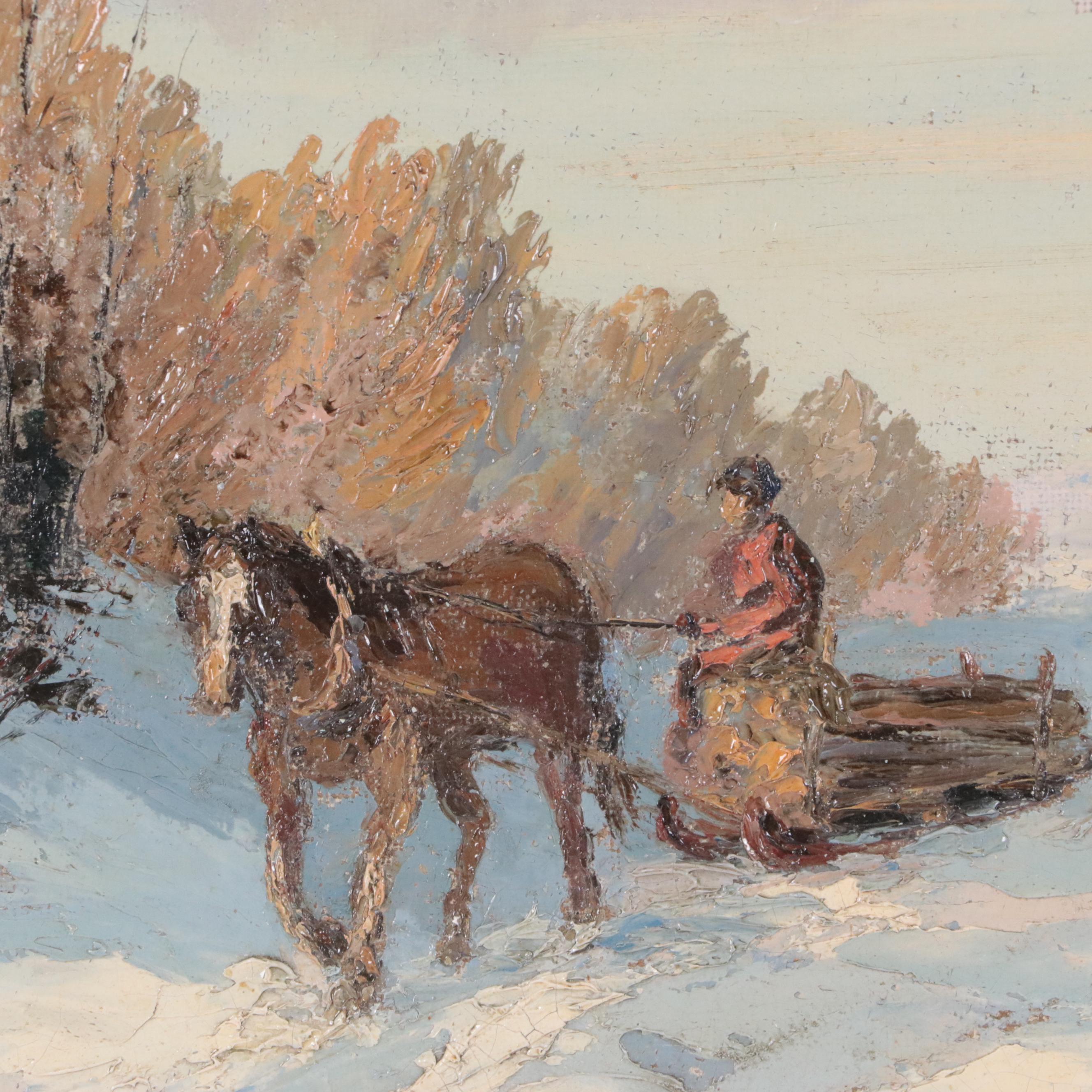 Oil Painting of a Winter Landscape with Horse Drawn Carriage