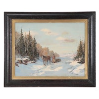 Oil Painting of a Winter Landscape with Horse Drawn Carriage