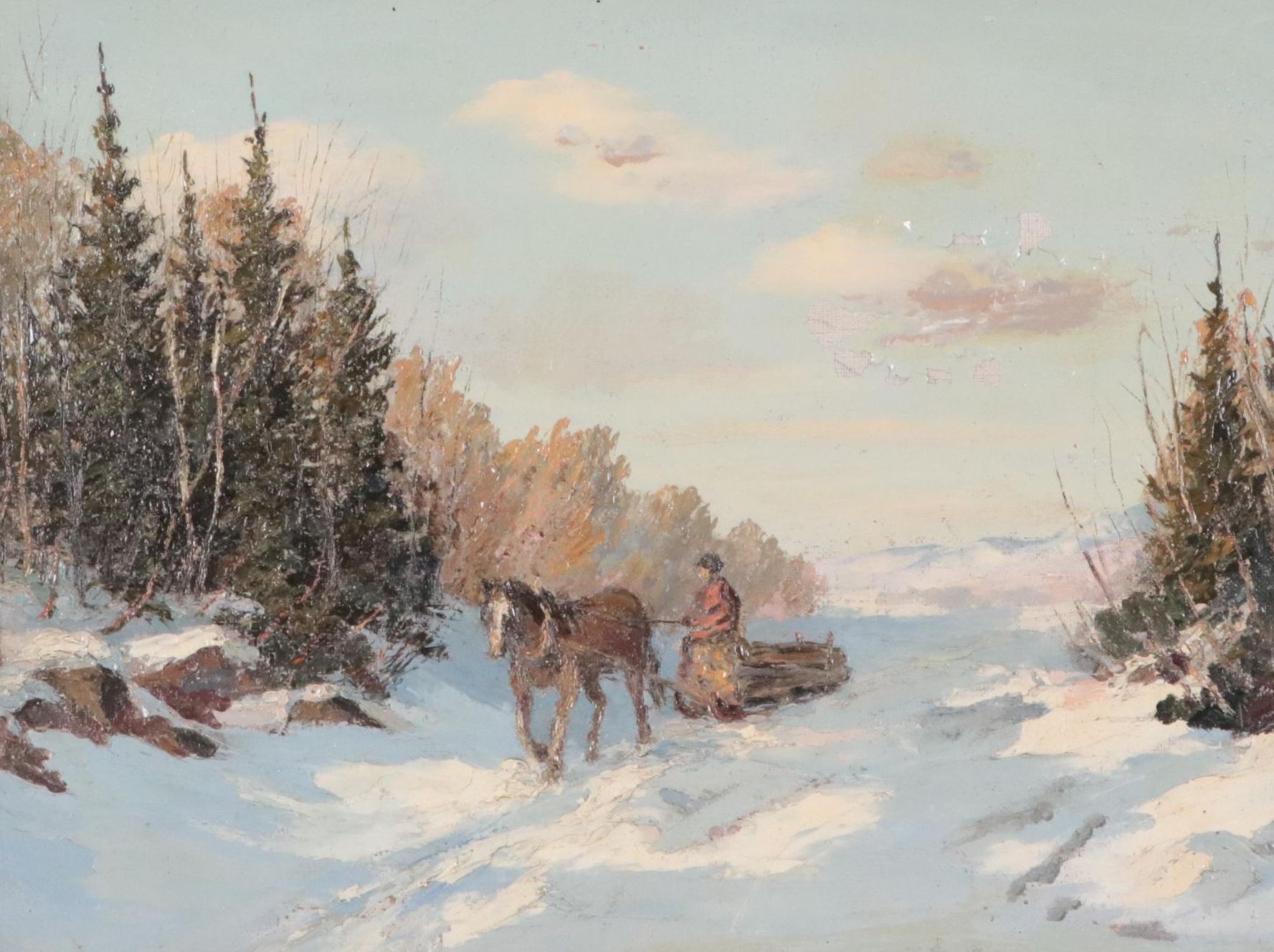 Oil Painting of a Winter Landscape with Horse Drawn Carriage