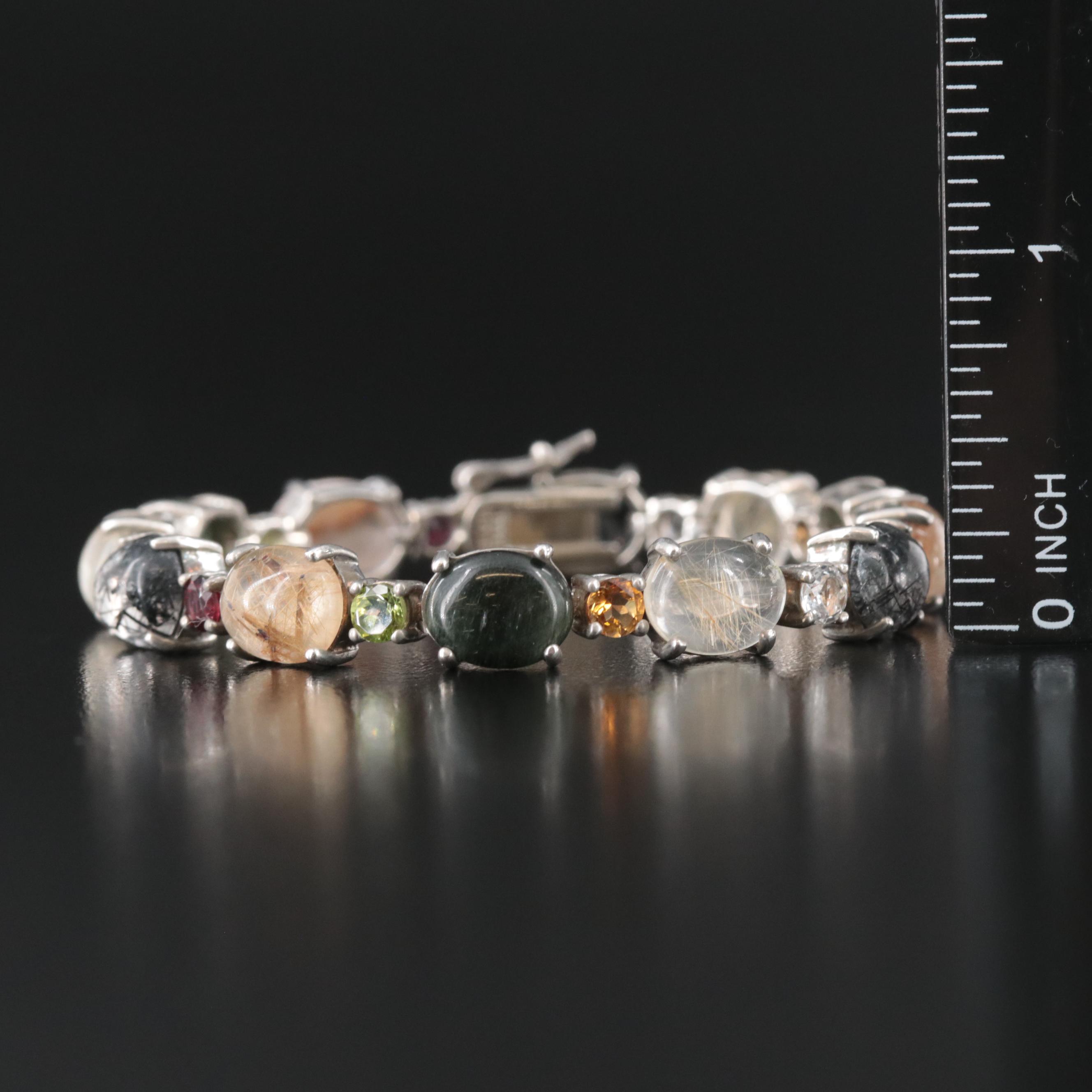 Sterling Rutilated and Tourmalinated Quartz Bracelet with Gemstone Accents
