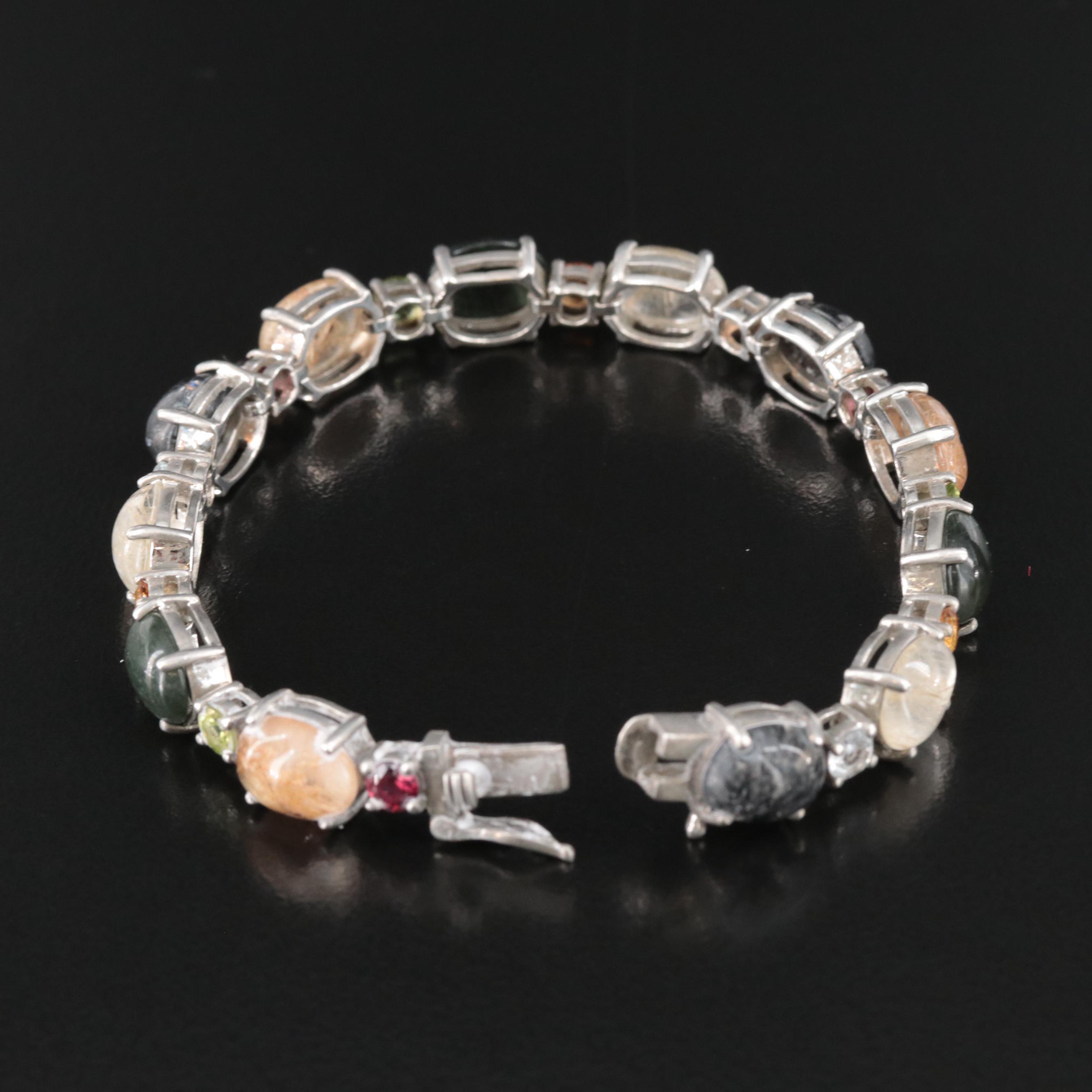Sterling Rutilated and Tourmalinated Quartz Bracelet with Gemstone Accents