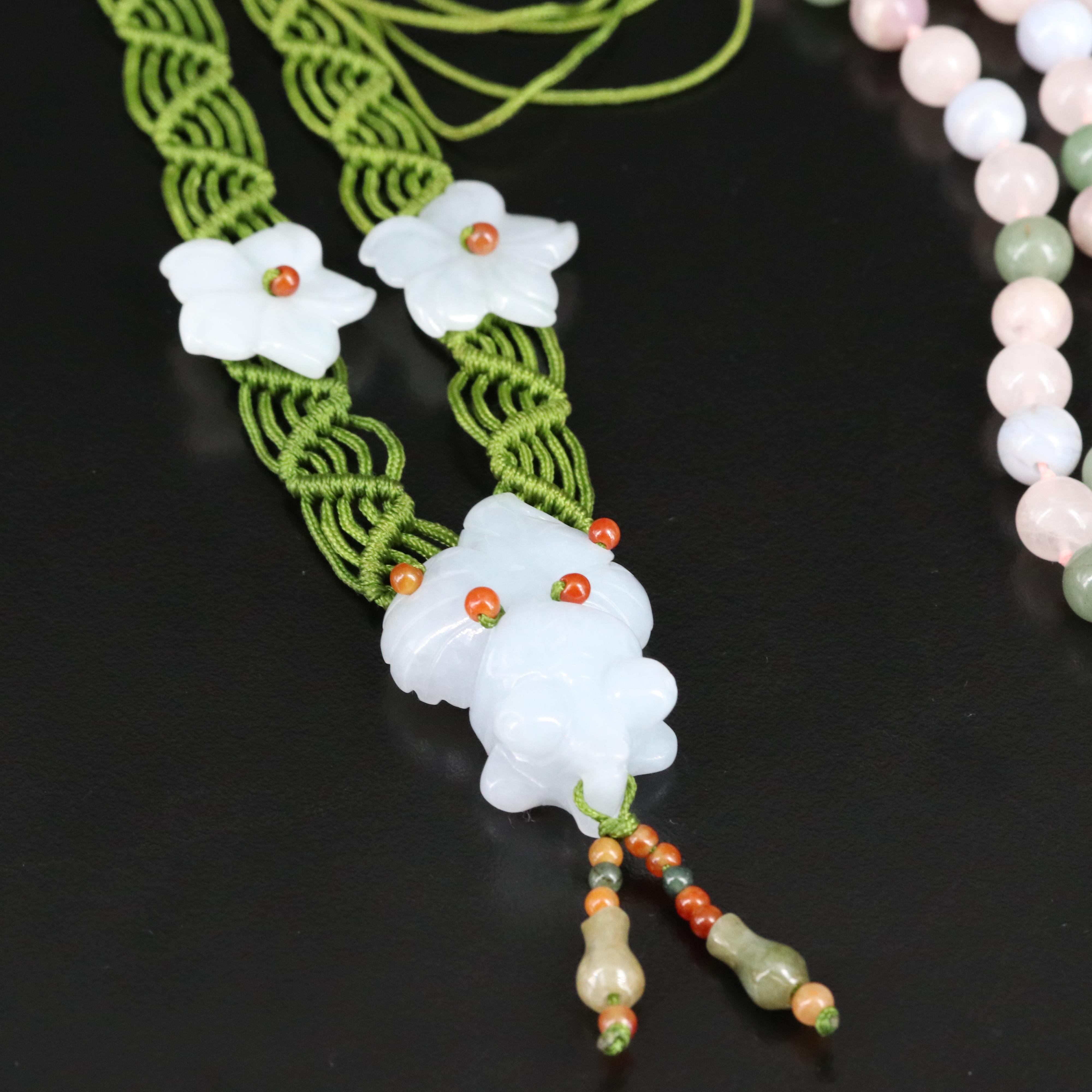 Floral and Goldfish Cord and Agate, Rose Quartz Endless Necklaces