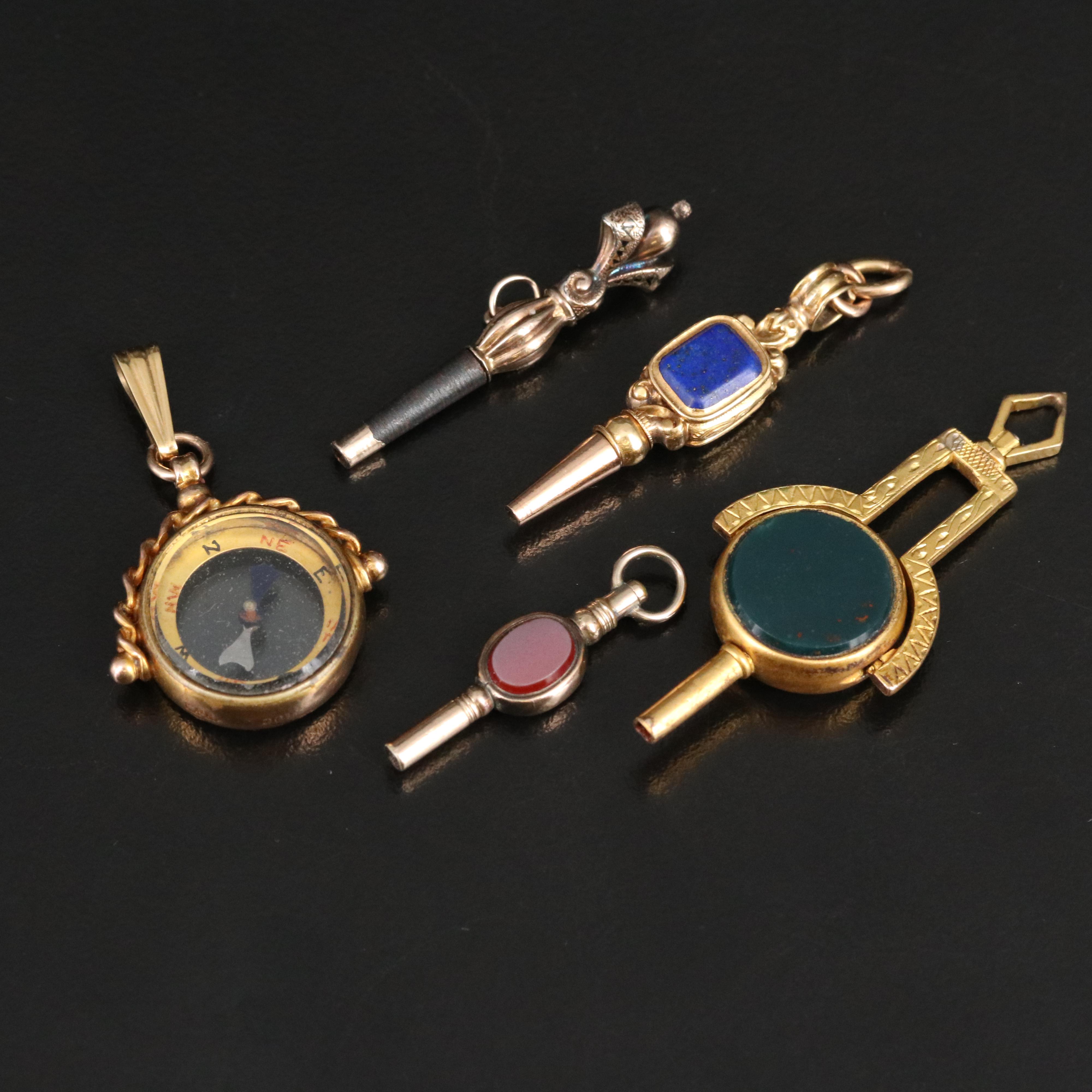 Antique Watch Key Fobs and Compass with 9K, 18K, Bloodstone, Sardonyx