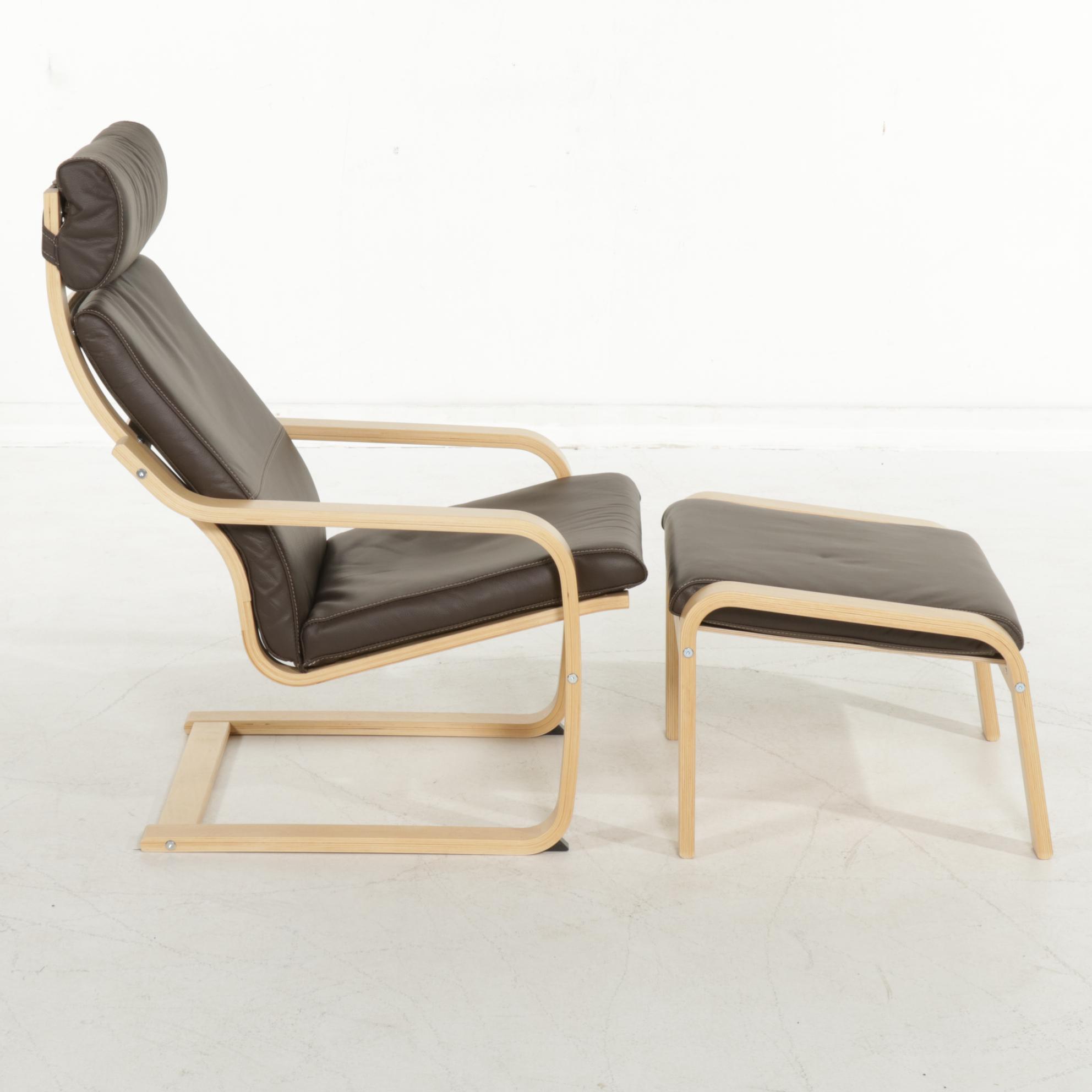 IKEA "Poäng" Laminated Beech and Leather-Upholstered Lounge Chair and Ottoman