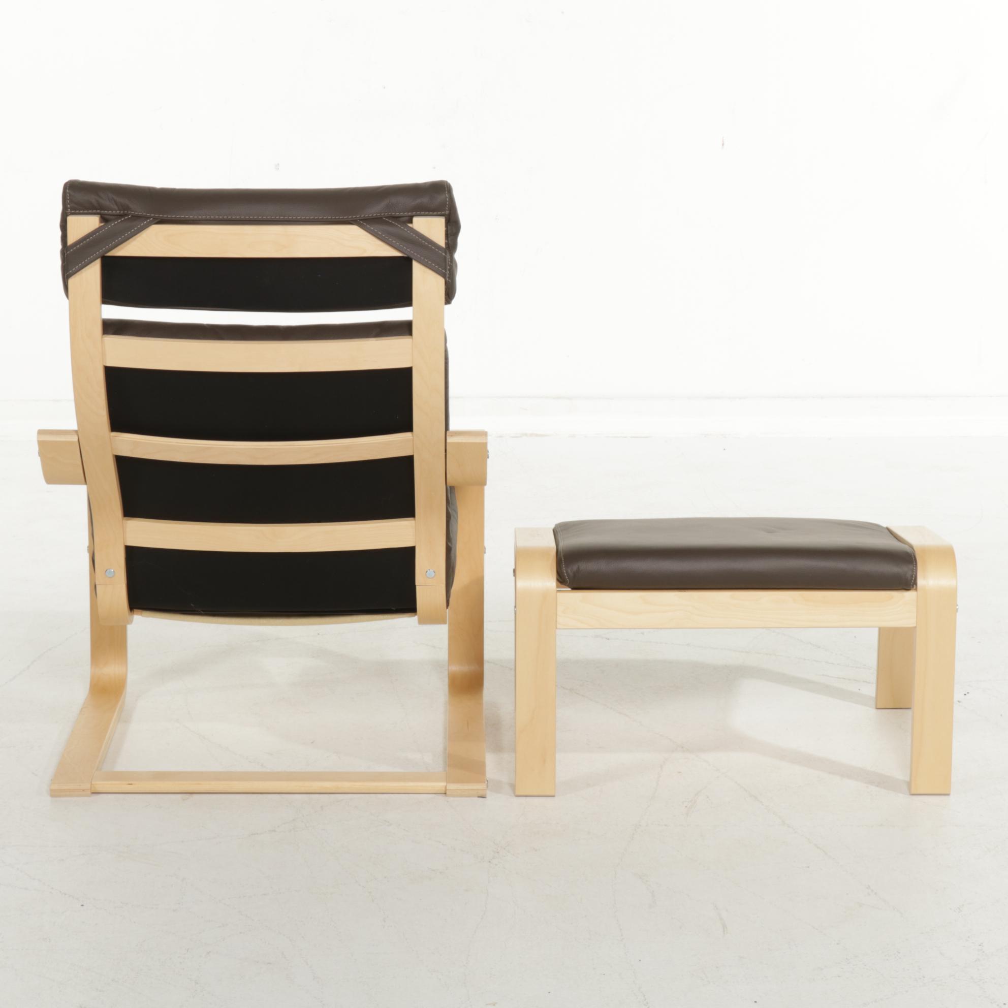 IKEA "Poäng" Laminated Beech and Leather-Upholstered Lounge Chair and Ottoman
