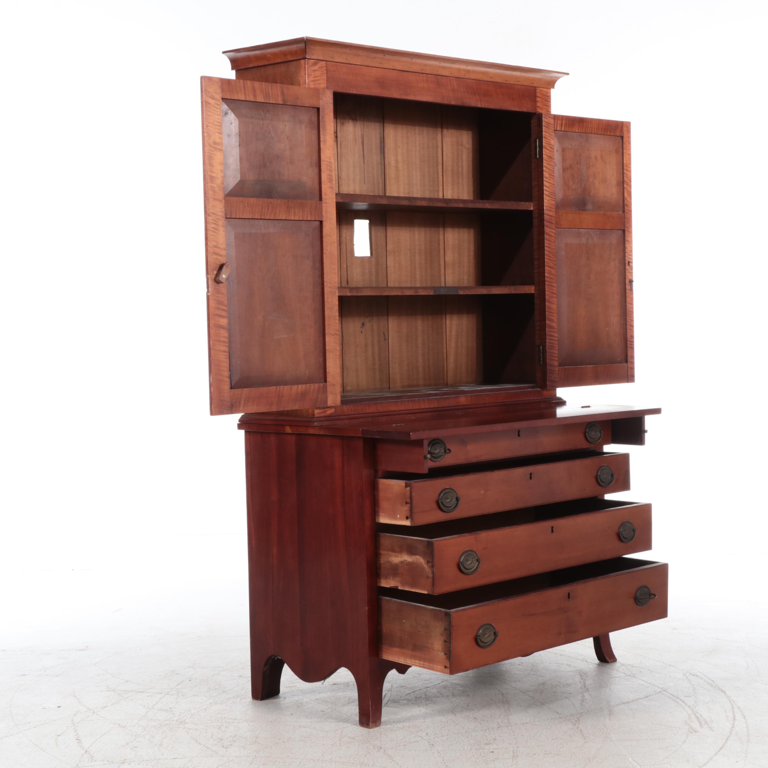 Federal Style Cherrywood and Figured Cherrywood Secretary Bookcase