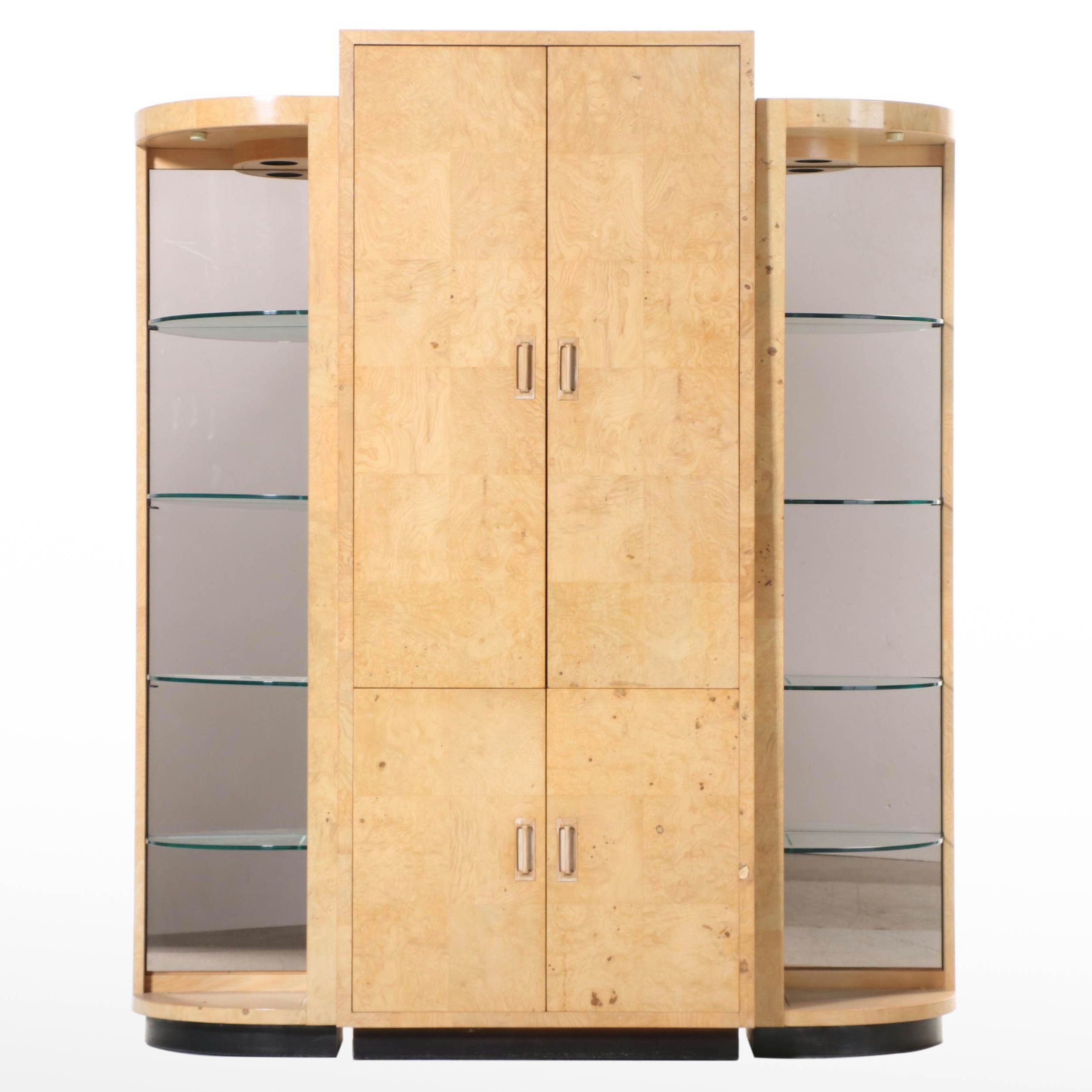 Three-Piece Henredon Modernist Oak, Elm, and Ebonized Wardrobe with Étagères