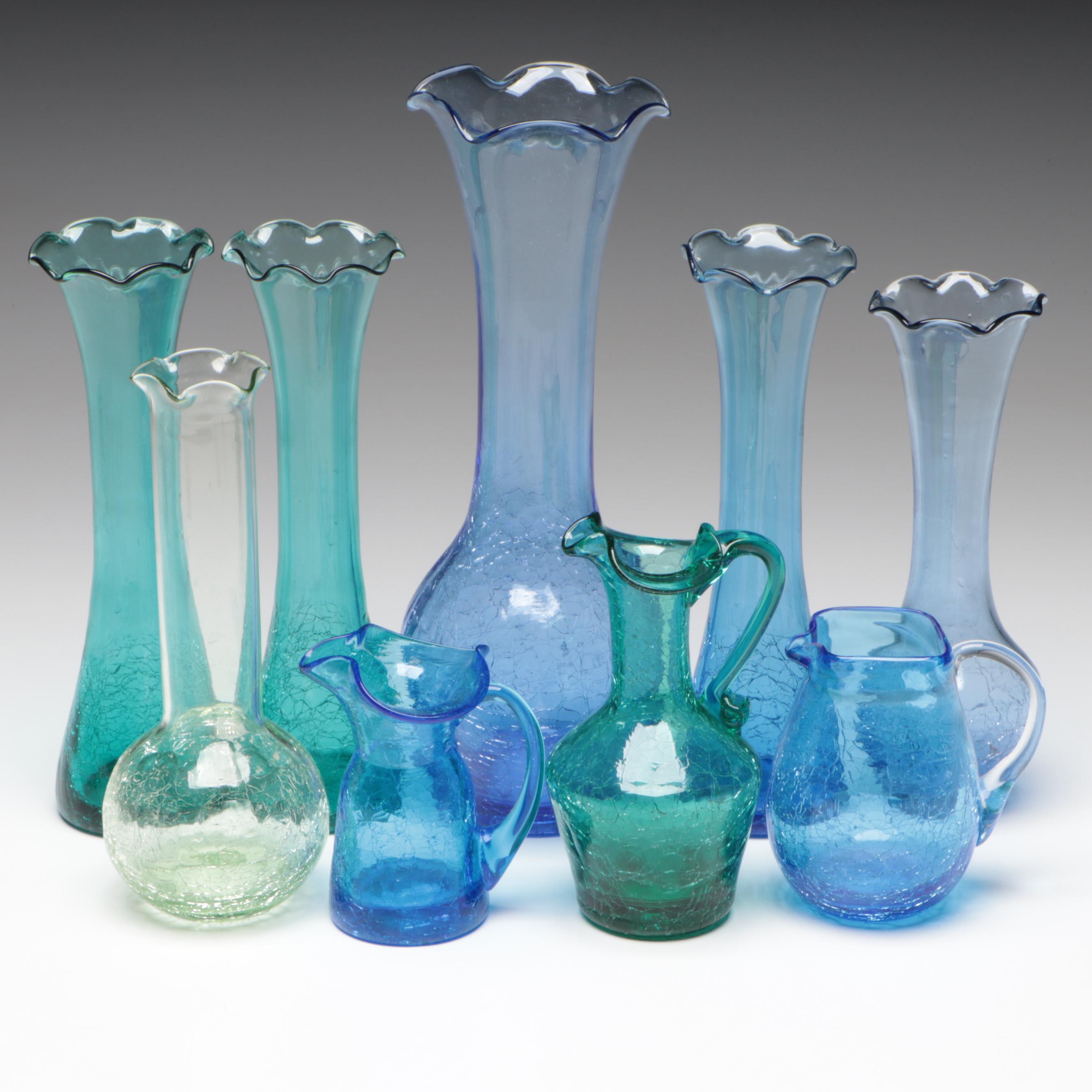Small Hand Blown Blue and Green Crackle Glass Pitchers and Bud Vases