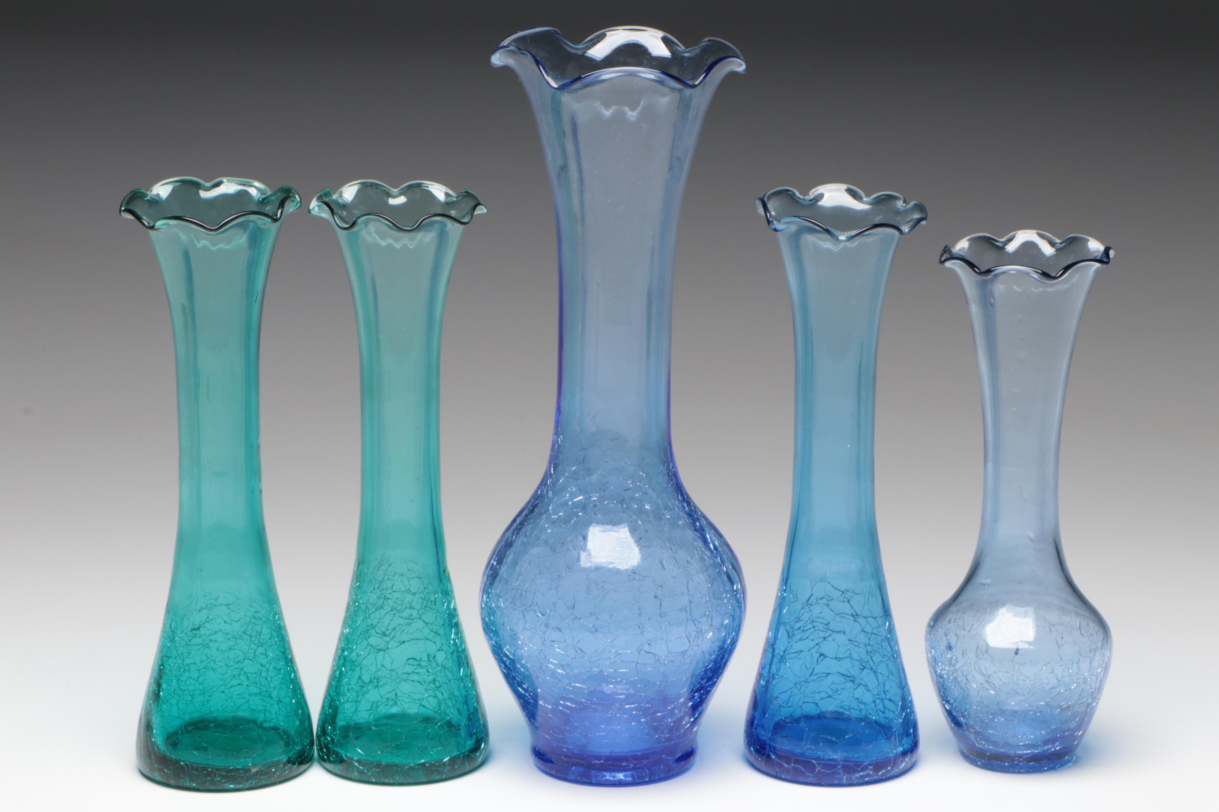 Small Hand Blown Blue and Green Crackle Glass Pitchers and Bud Vases