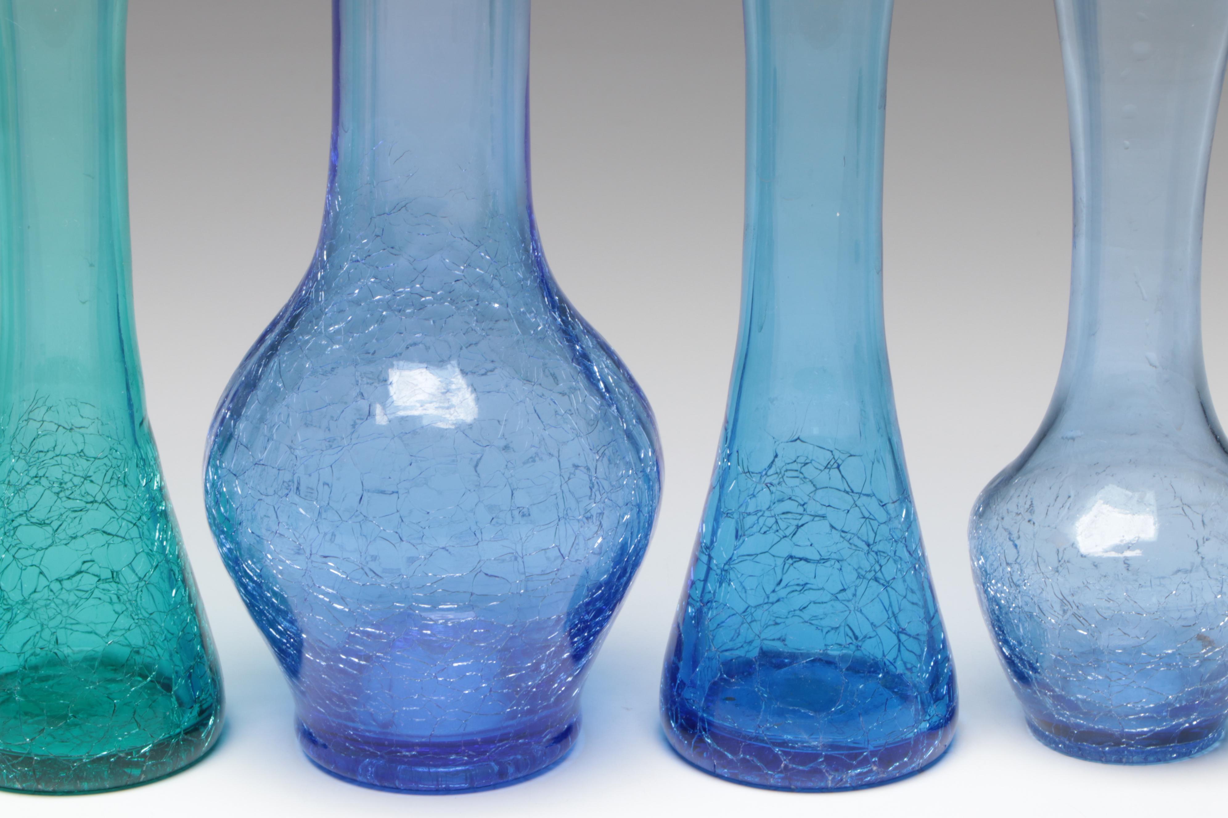 Small Hand Blown Blue and Green Crackle Glass Pitchers and Bud Vases