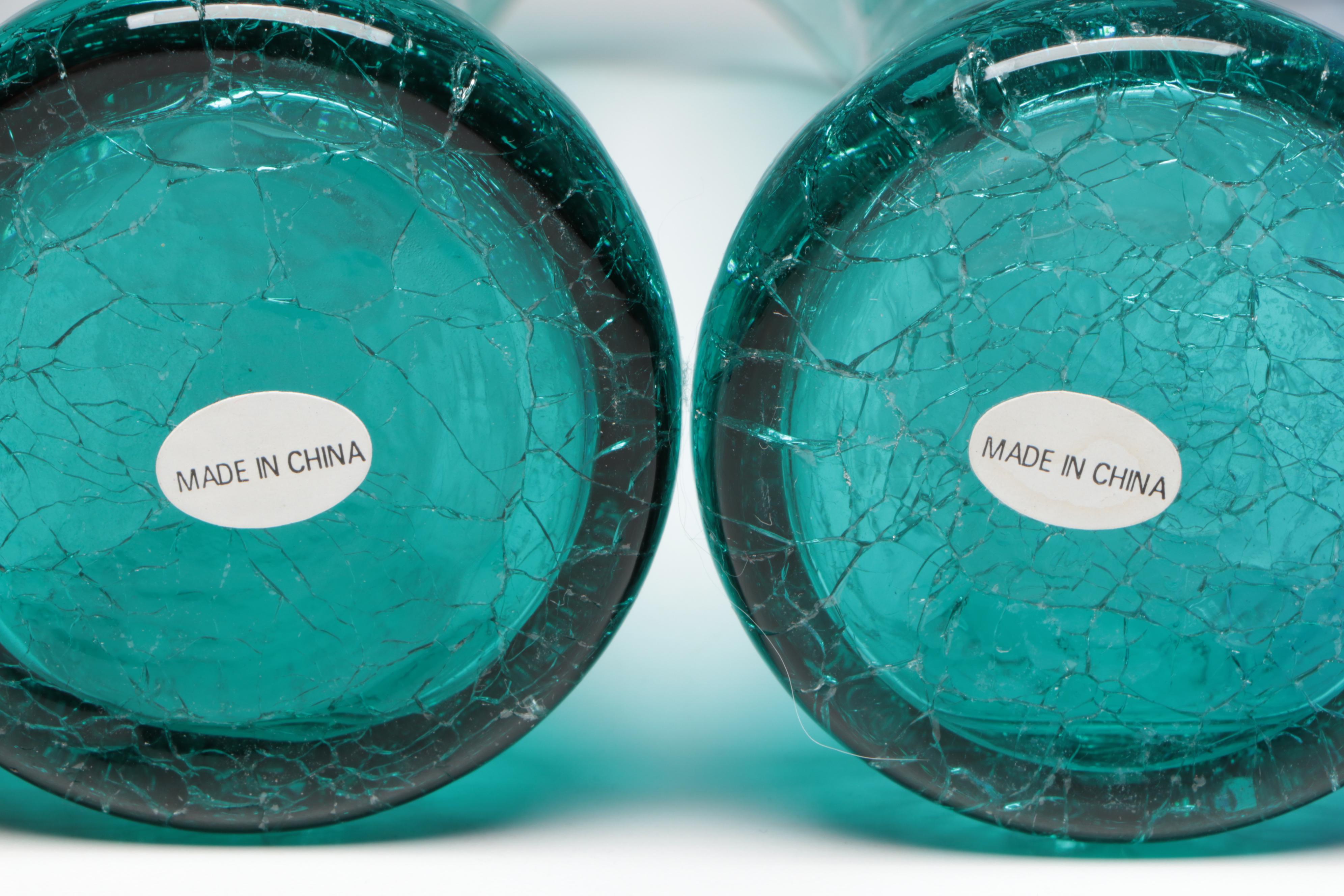 Small Hand Blown Blue and Green Crackle Glass Pitchers and Bud Vases