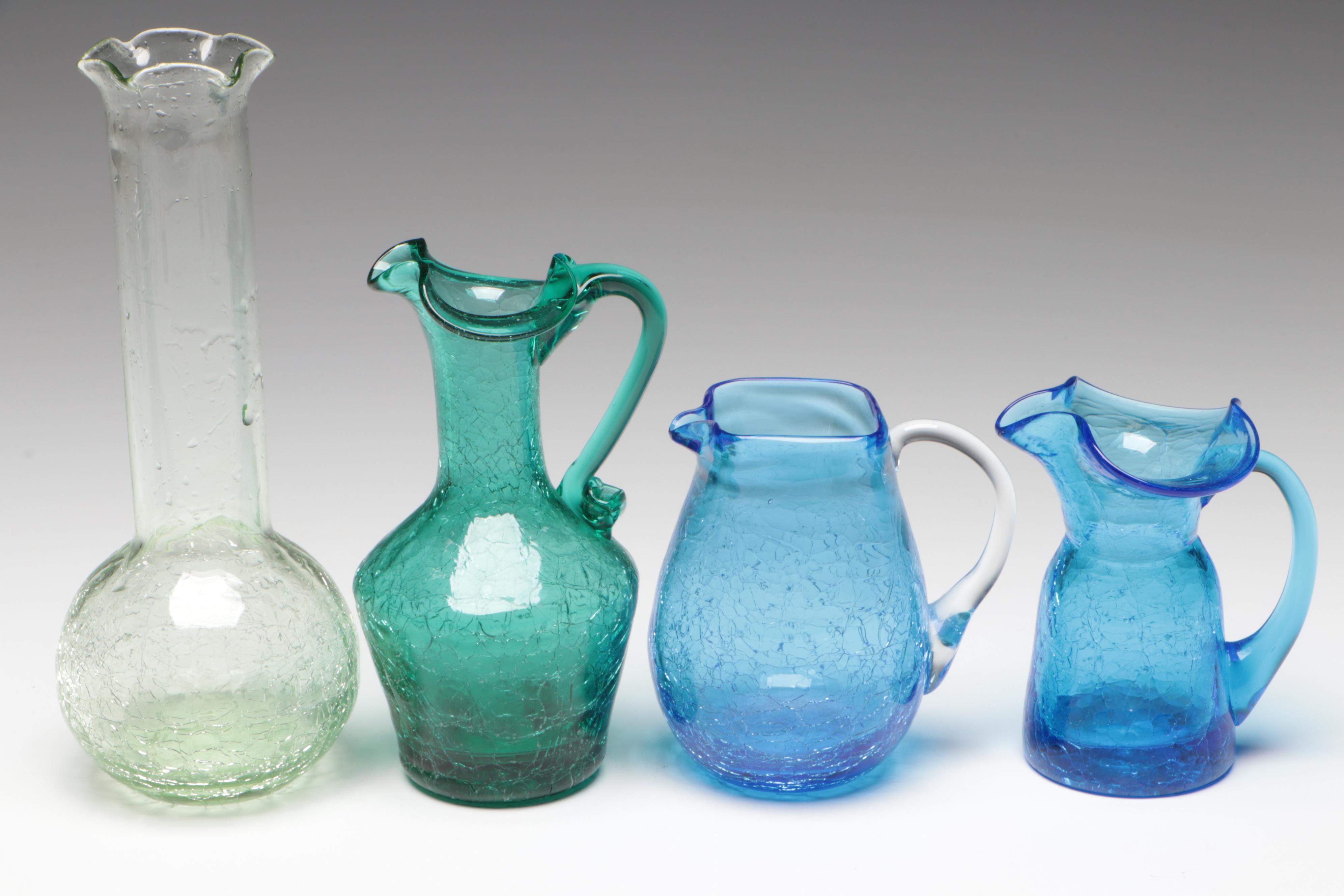 Small Hand Blown Blue and Green Crackle Glass Pitchers and Bud Vases
