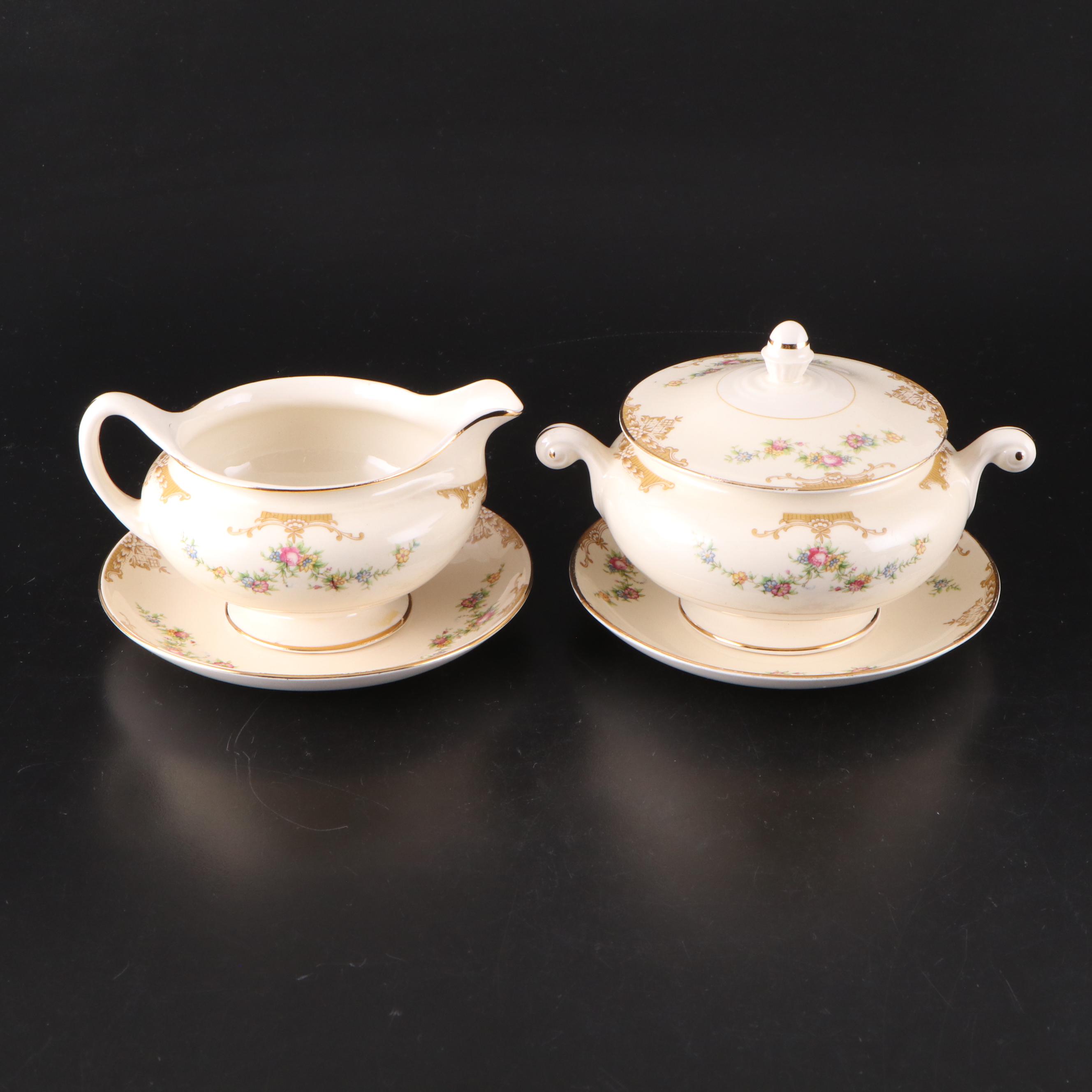 Homer Laughlin "Aristocrat" Ceramic Plates, Footed Cups, and Creamer Set
