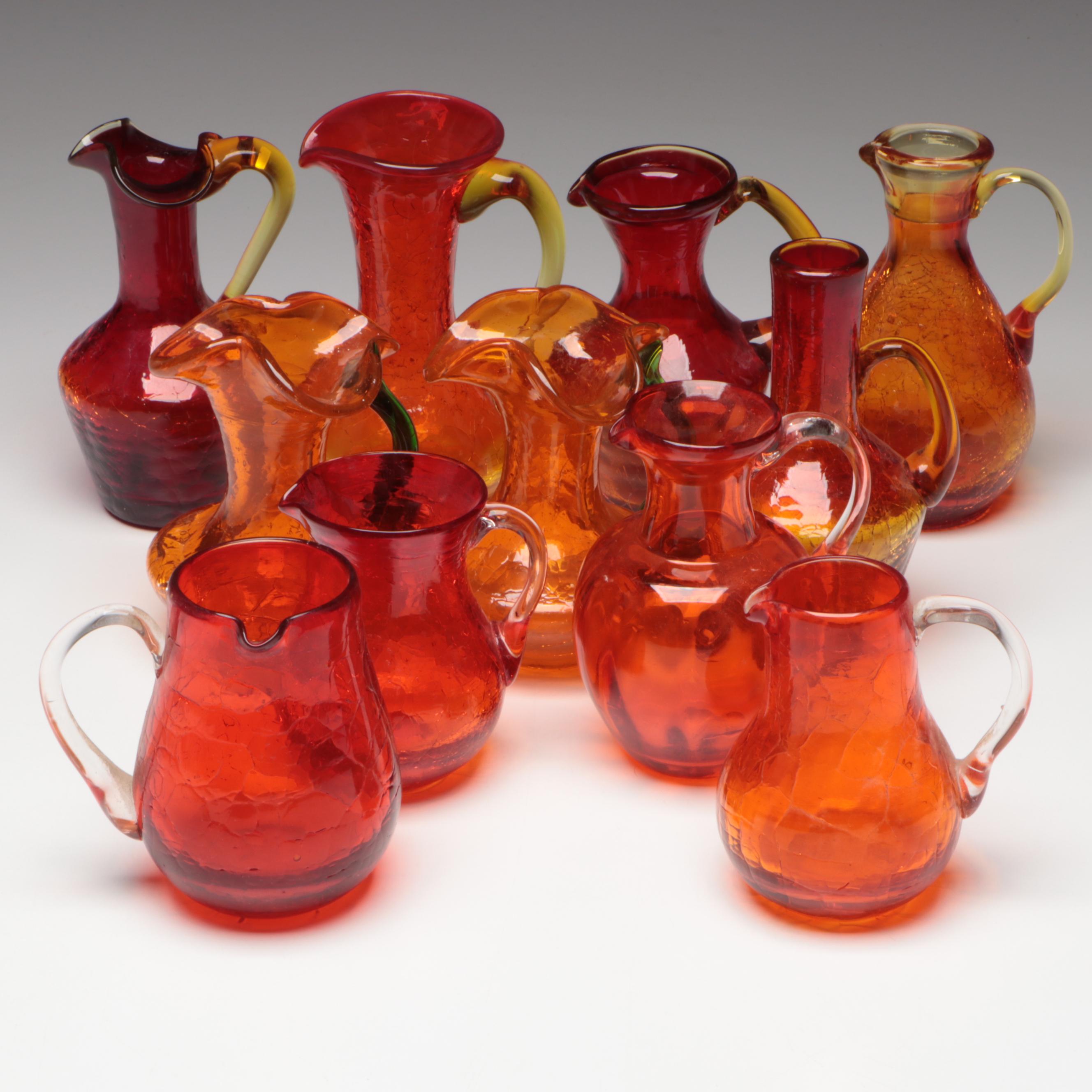 Small Hand Blown Amberina Crackle Glass Pitchers and More