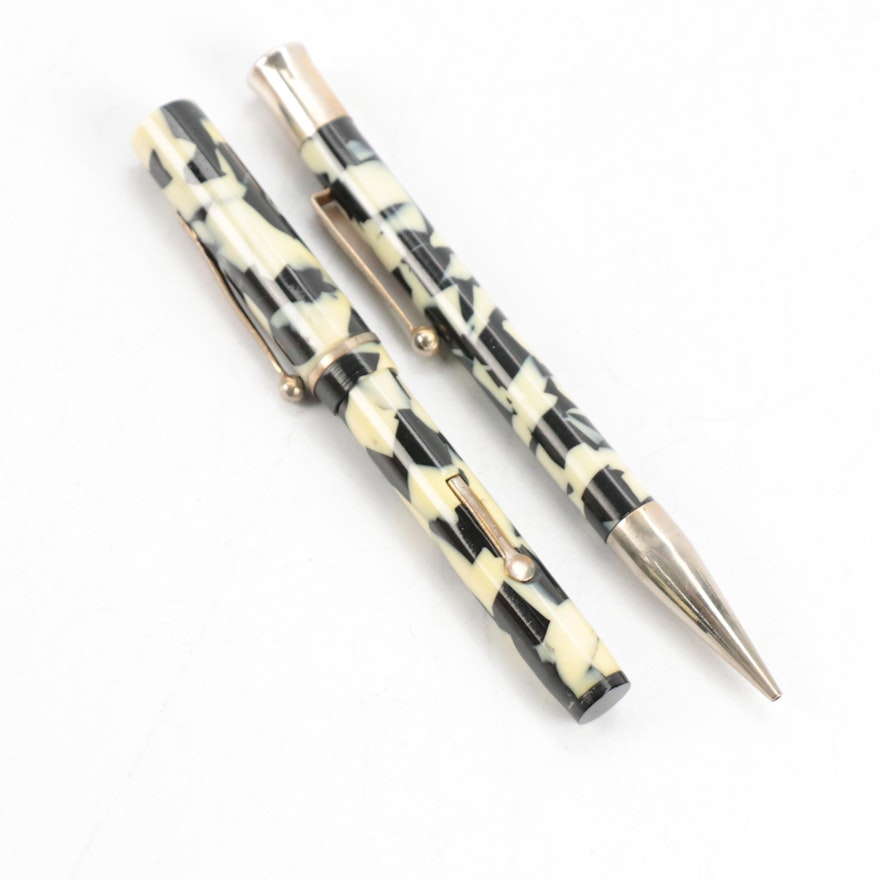 Keystone Black and White Resin Fountain Pen and Pencil Set with 14K Nib