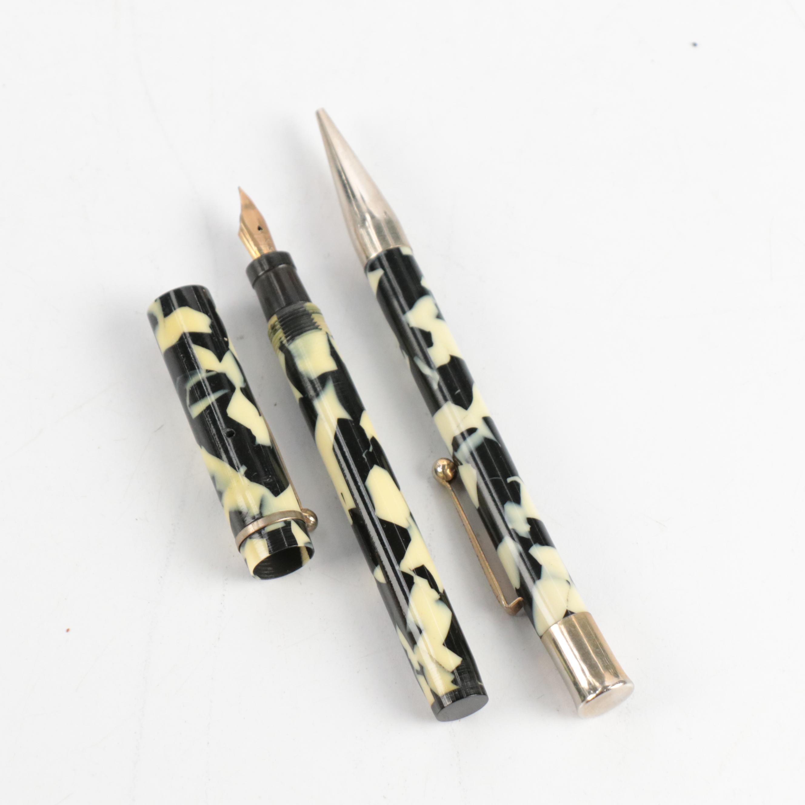 Keystone Black and White Resin Fountain Pen and Pencil Set with 14K Nib