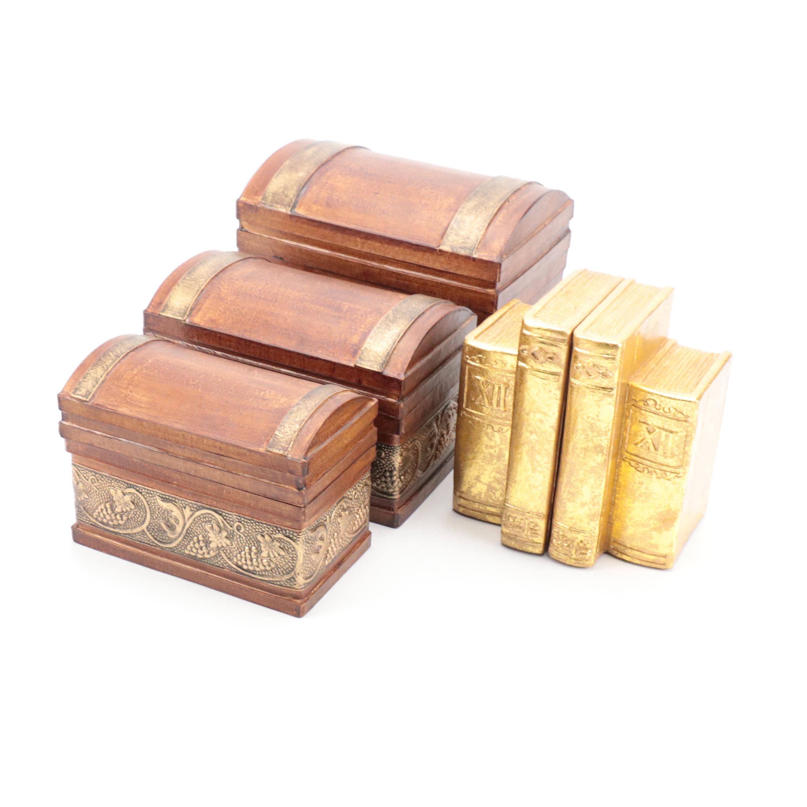 Pacific Rim Hand-Crafted Papier-Mâché Chest Set with Gilt Resin Book Bookends