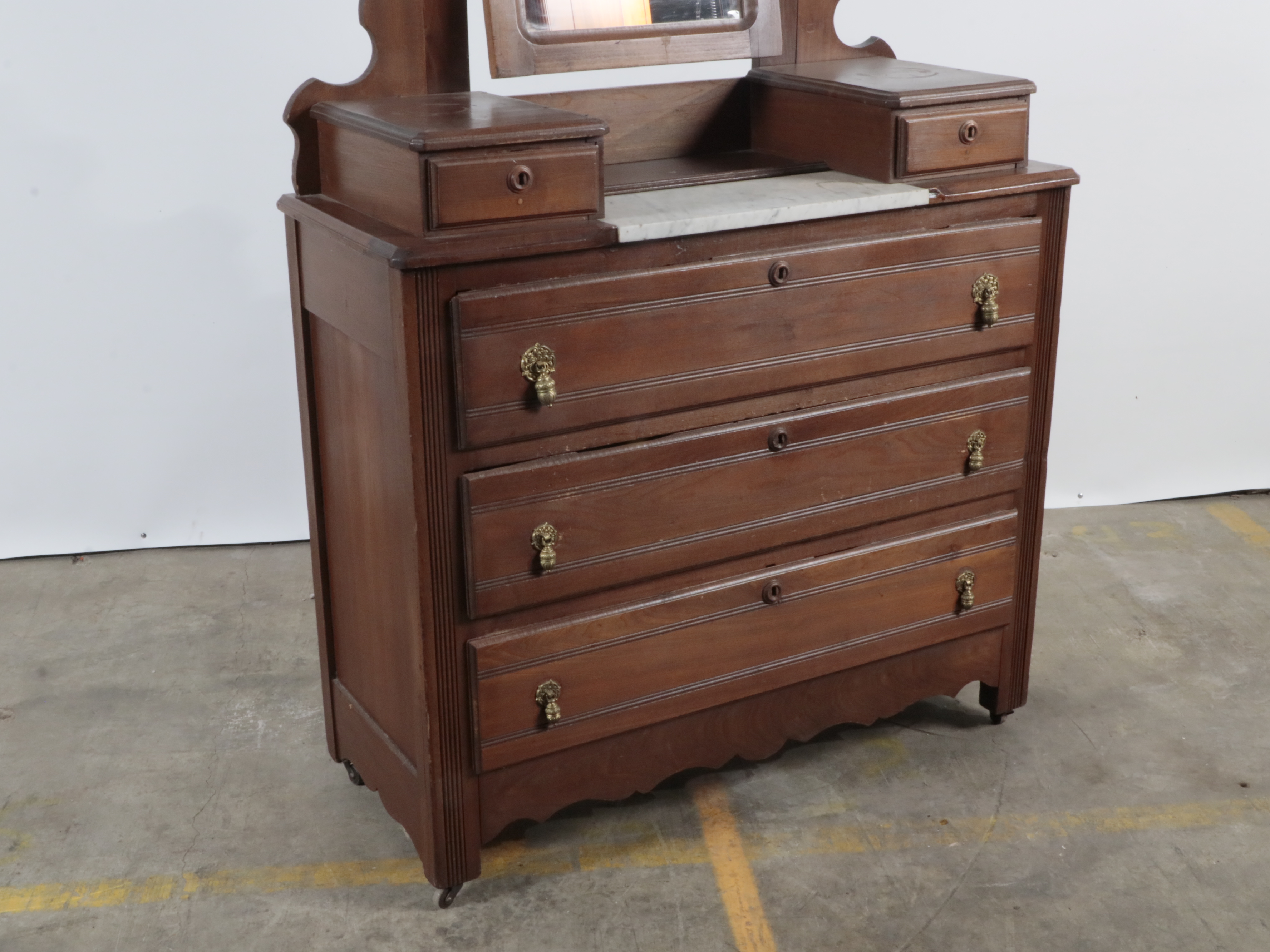 Eastlake Style Marble Top Walnut Chest with Tilting Vanity Mirror