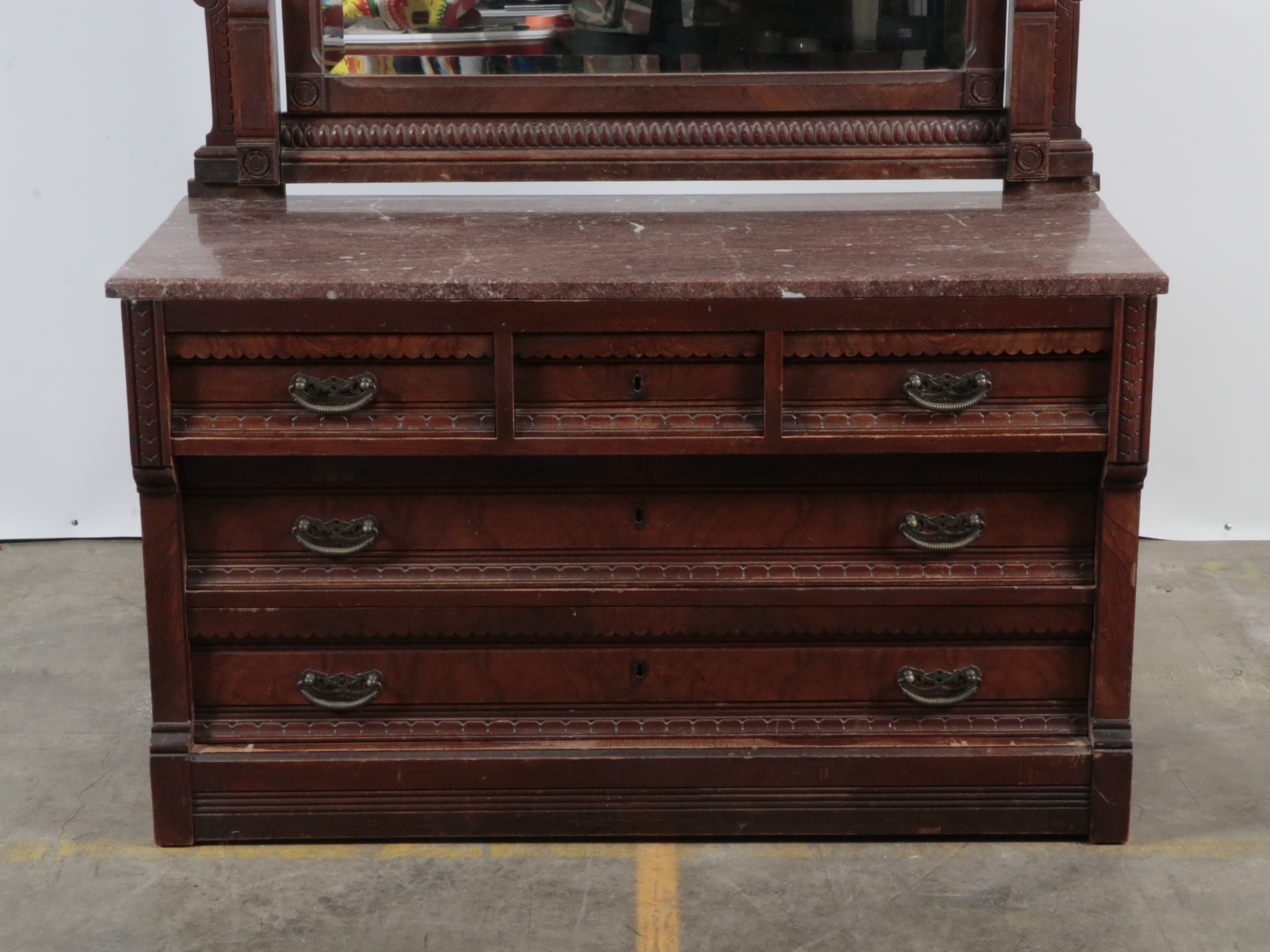 Eastlake Victorian Marble Top Walnut Dresser with Mirror