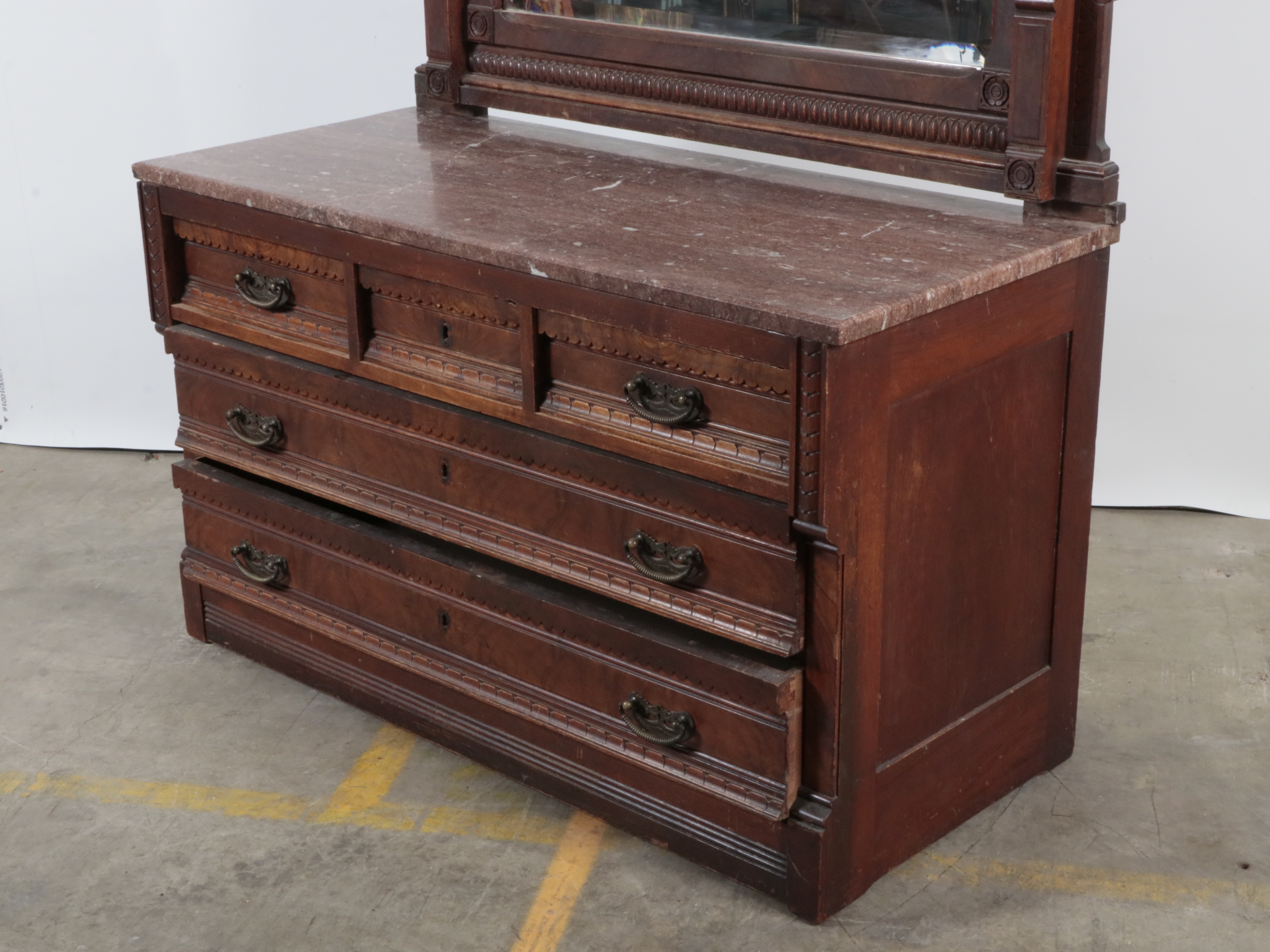 Eastlake Victorian Marble Top Walnut Dresser with Mirror
