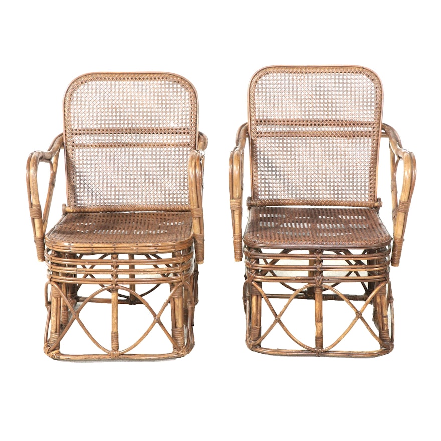 Pair of Bauhaus Rattan and Caned Folding Armchairs, Early to Mid-20th Century