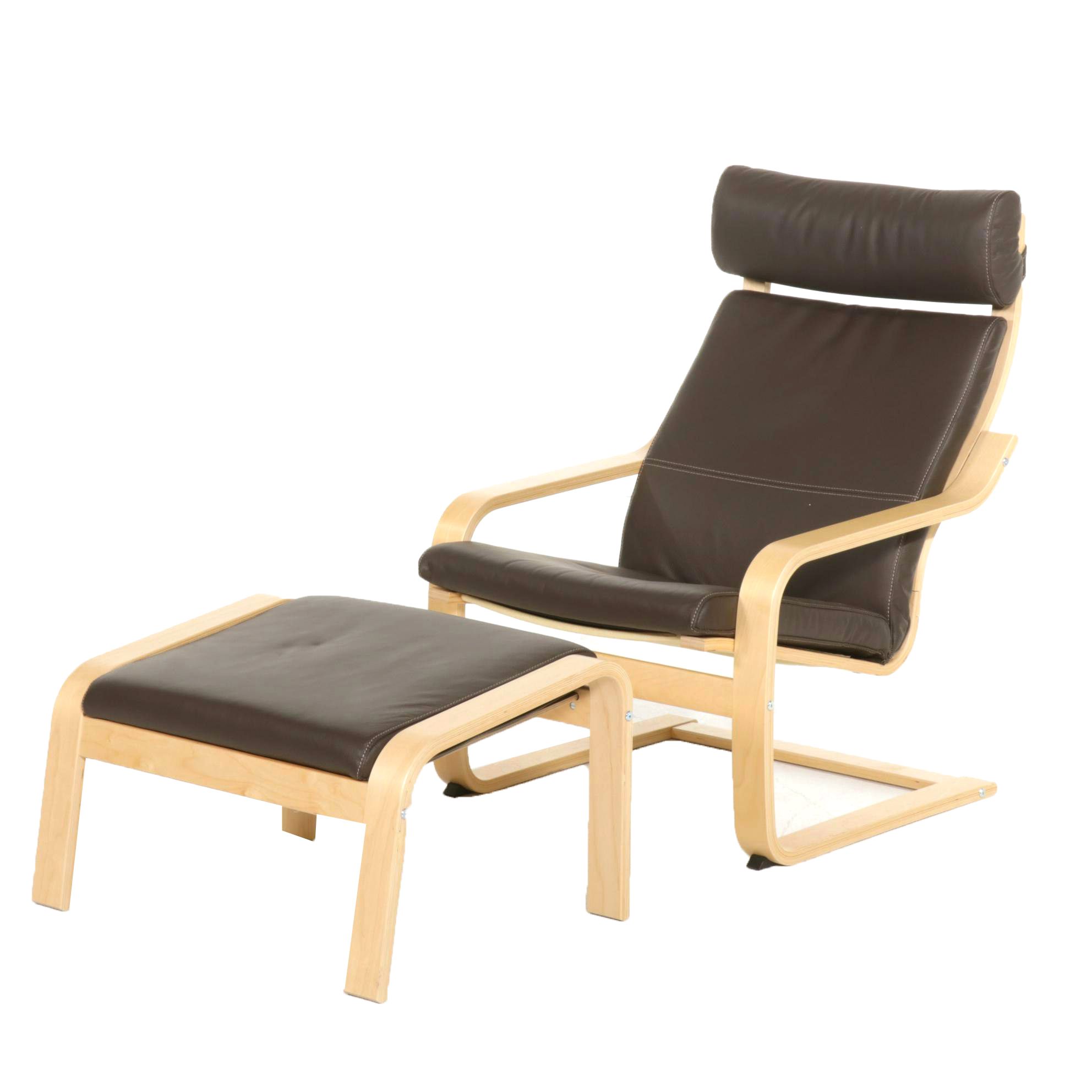IKEA "Poäng" Laminated Beech and Leather-Upholstered Lounge Chair and Ottoman