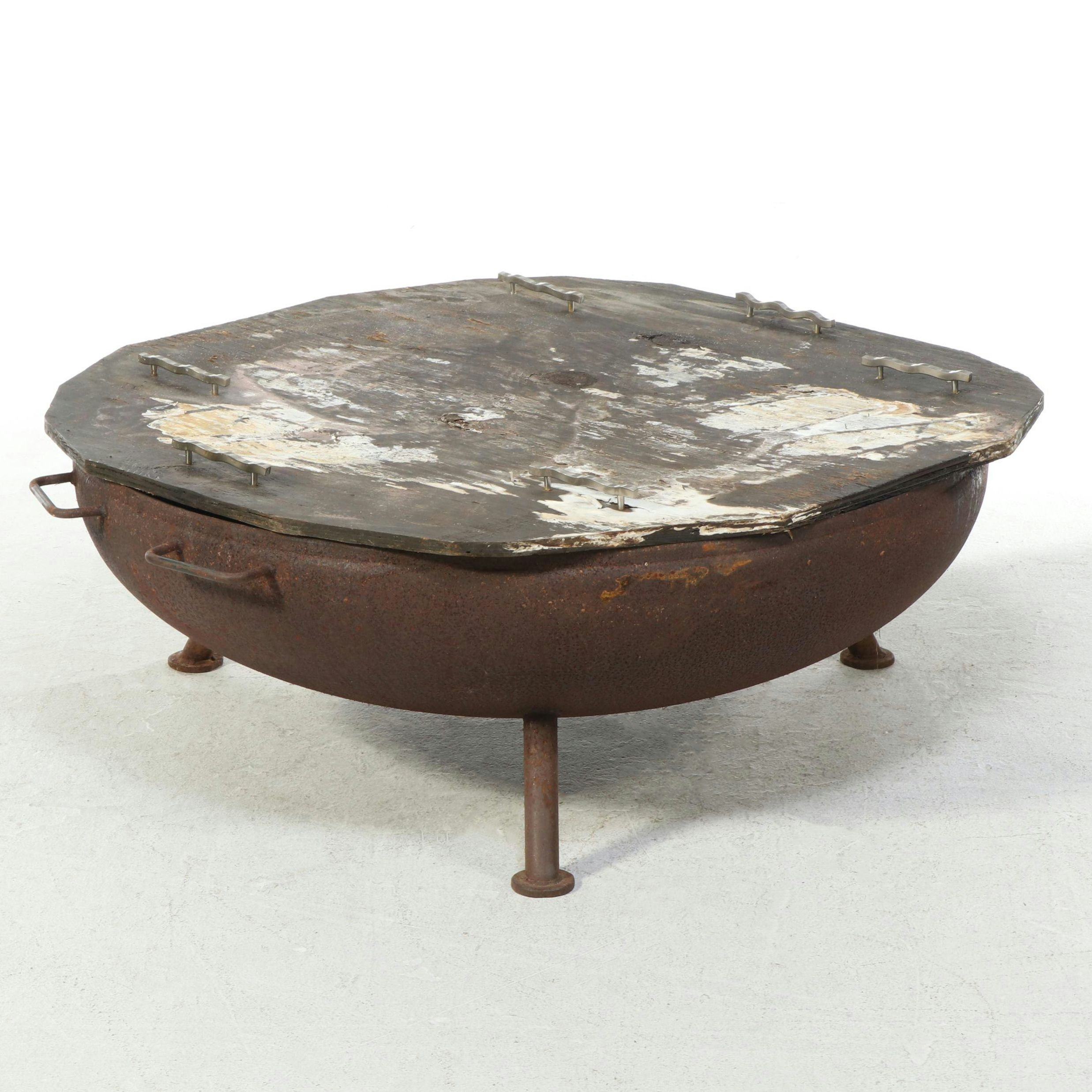 Large Metal Fire Pit with Wood Cover