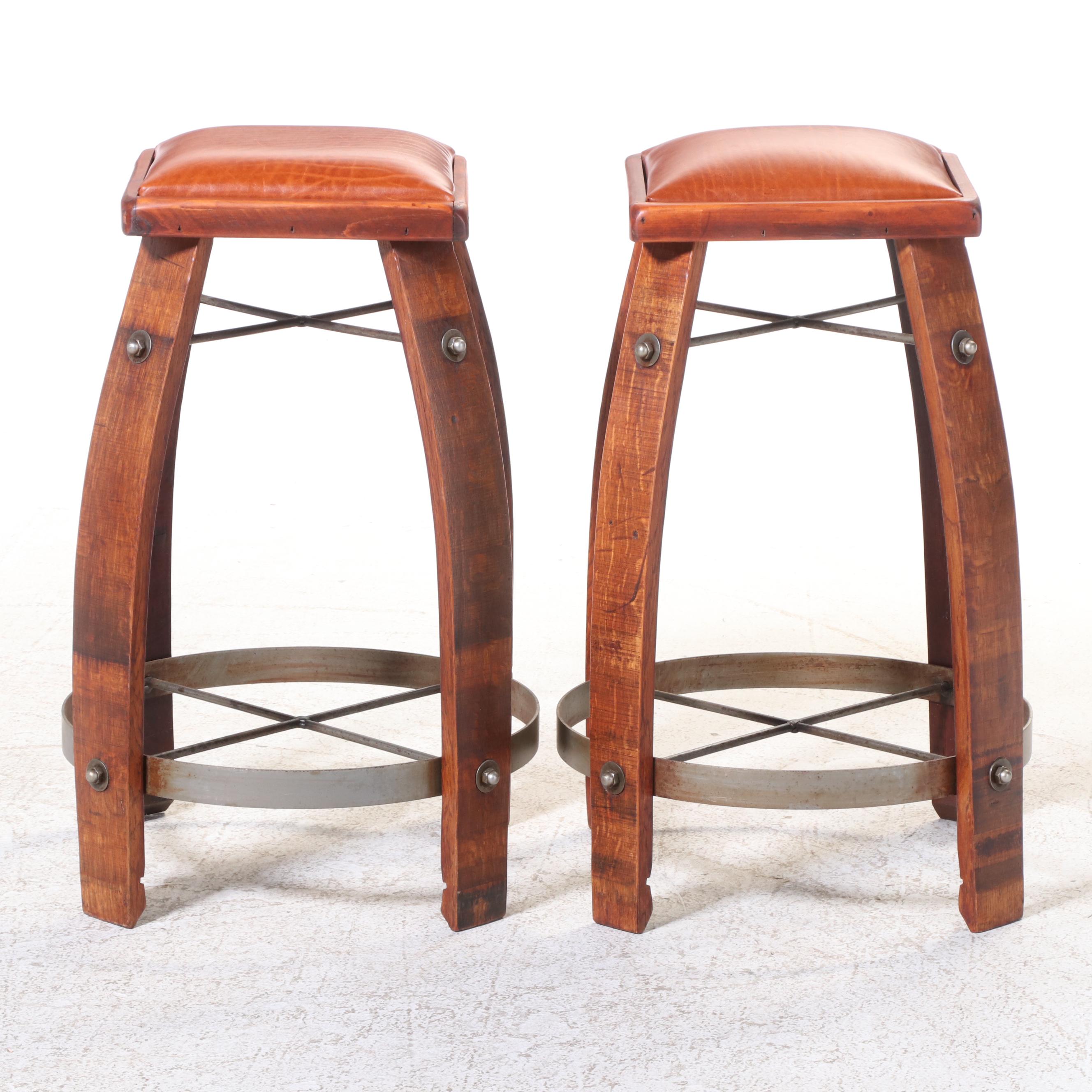 Pair of Rustic IronMounted and Quartersawn Oak, and Leather Bar Stools