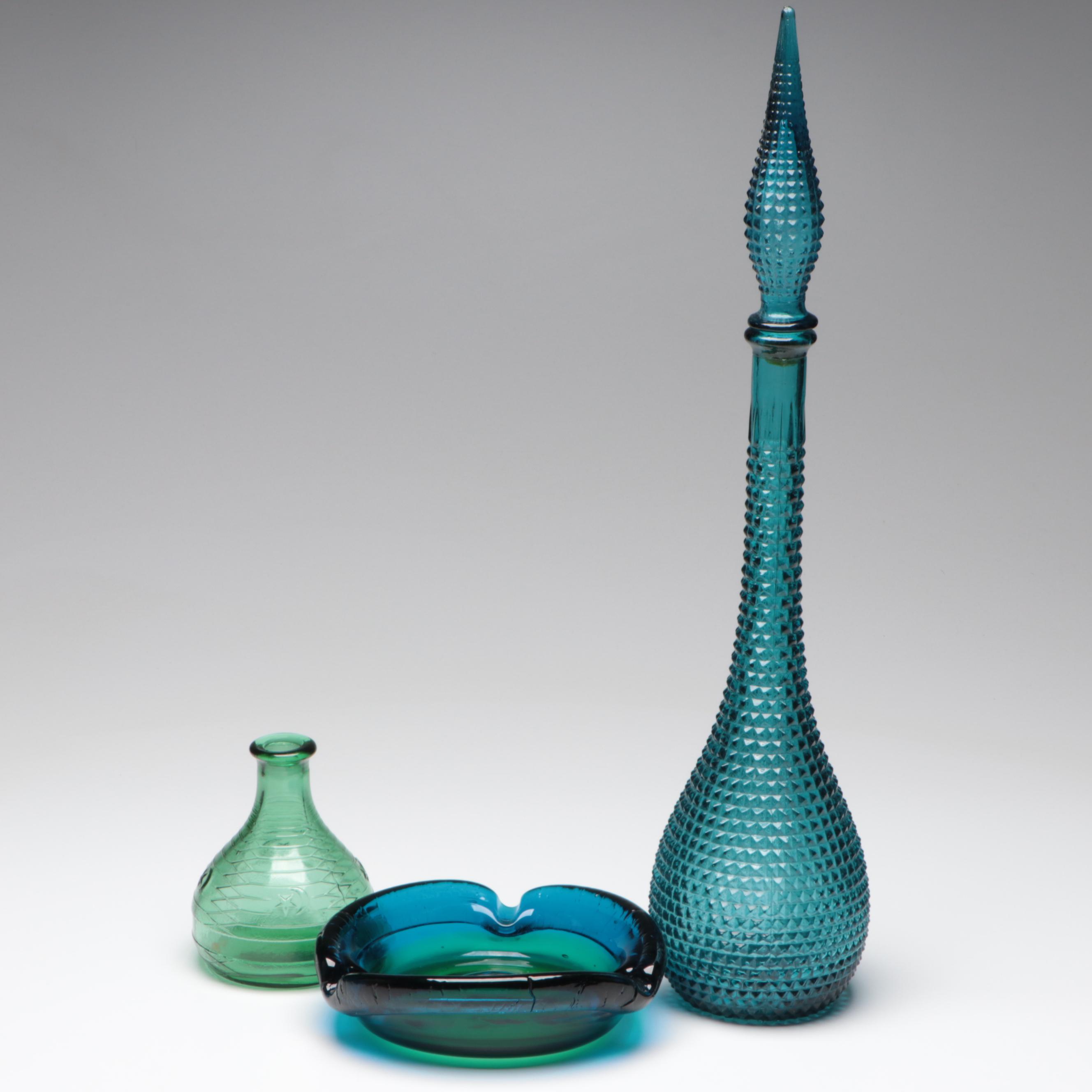 Italian Mastercraft and Empoli Glass Bottles with MCM Blown Glass Ashtray