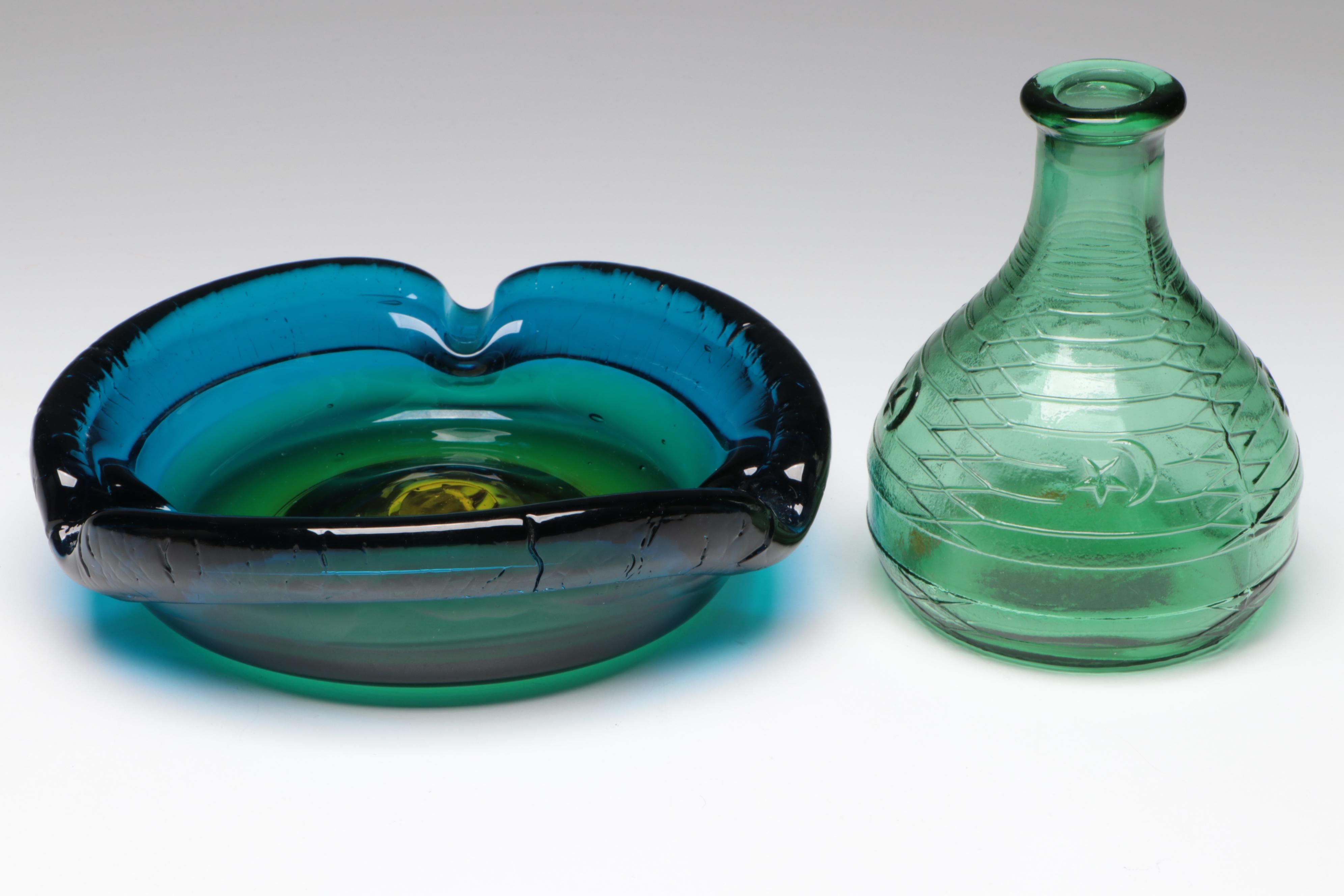 Italian Mastercraft and Empoli Glass Bottles with MCM Blown Glass Ashtray