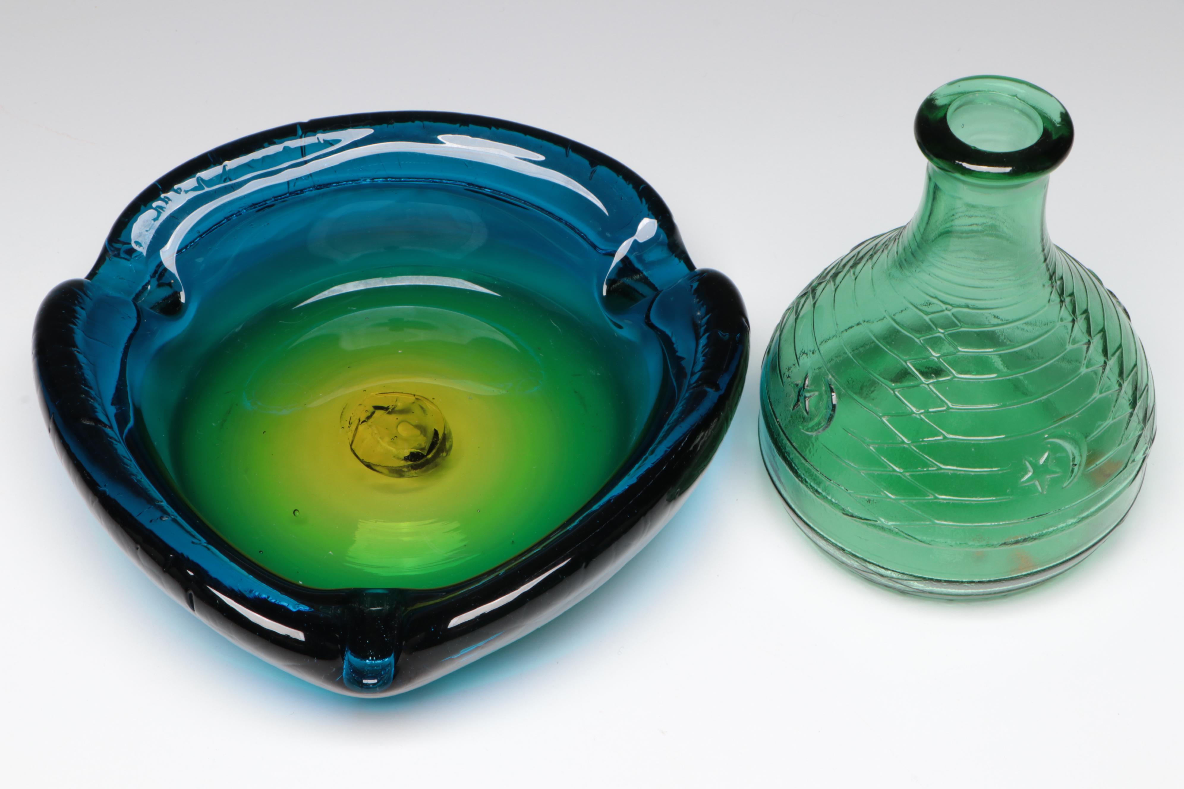 Italian Mastercraft and Empoli Glass Bottles with MCM Blown Glass Ashtray