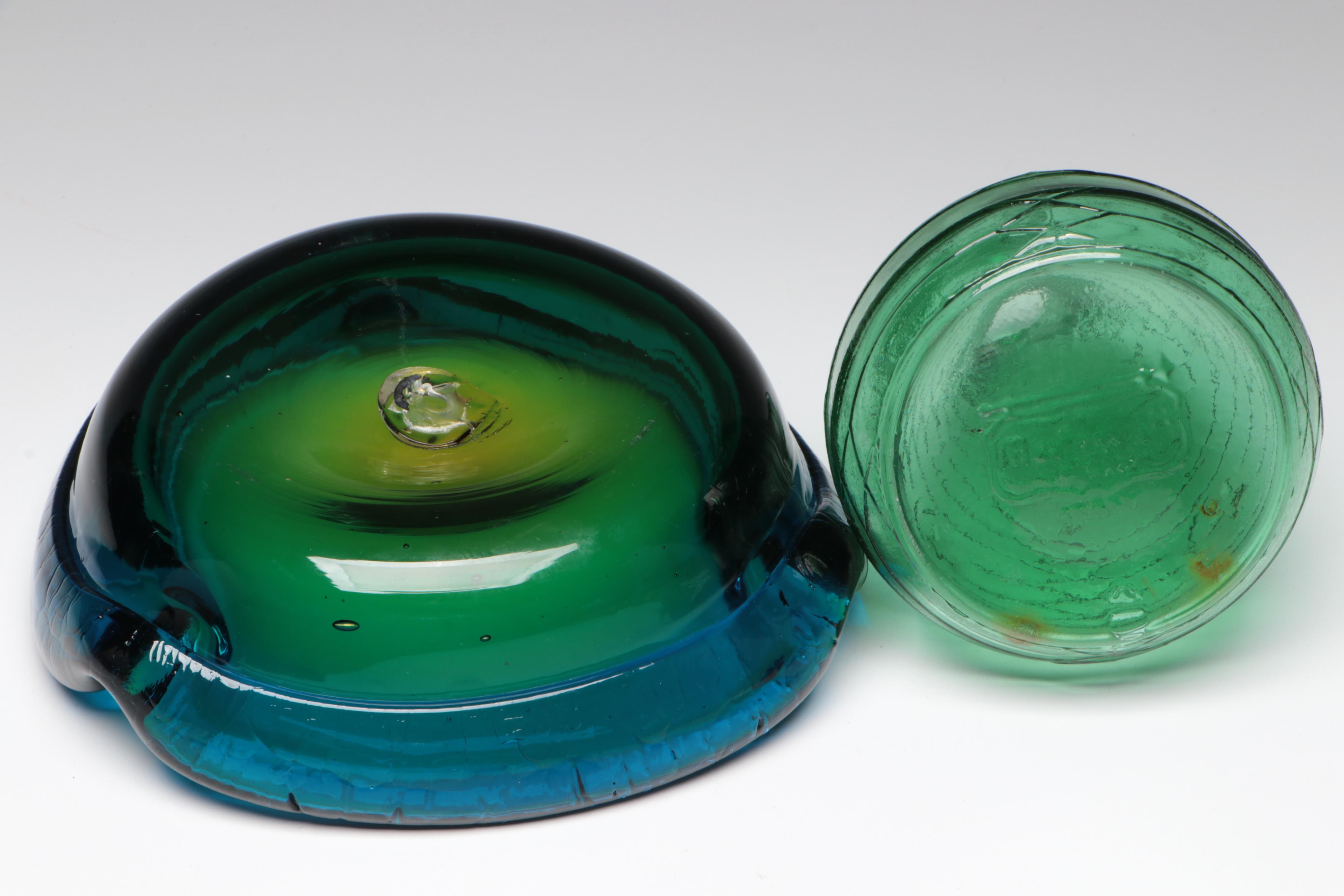 Italian Mastercraft and Empoli Glass Bottles with MCM Blown Glass Ashtray