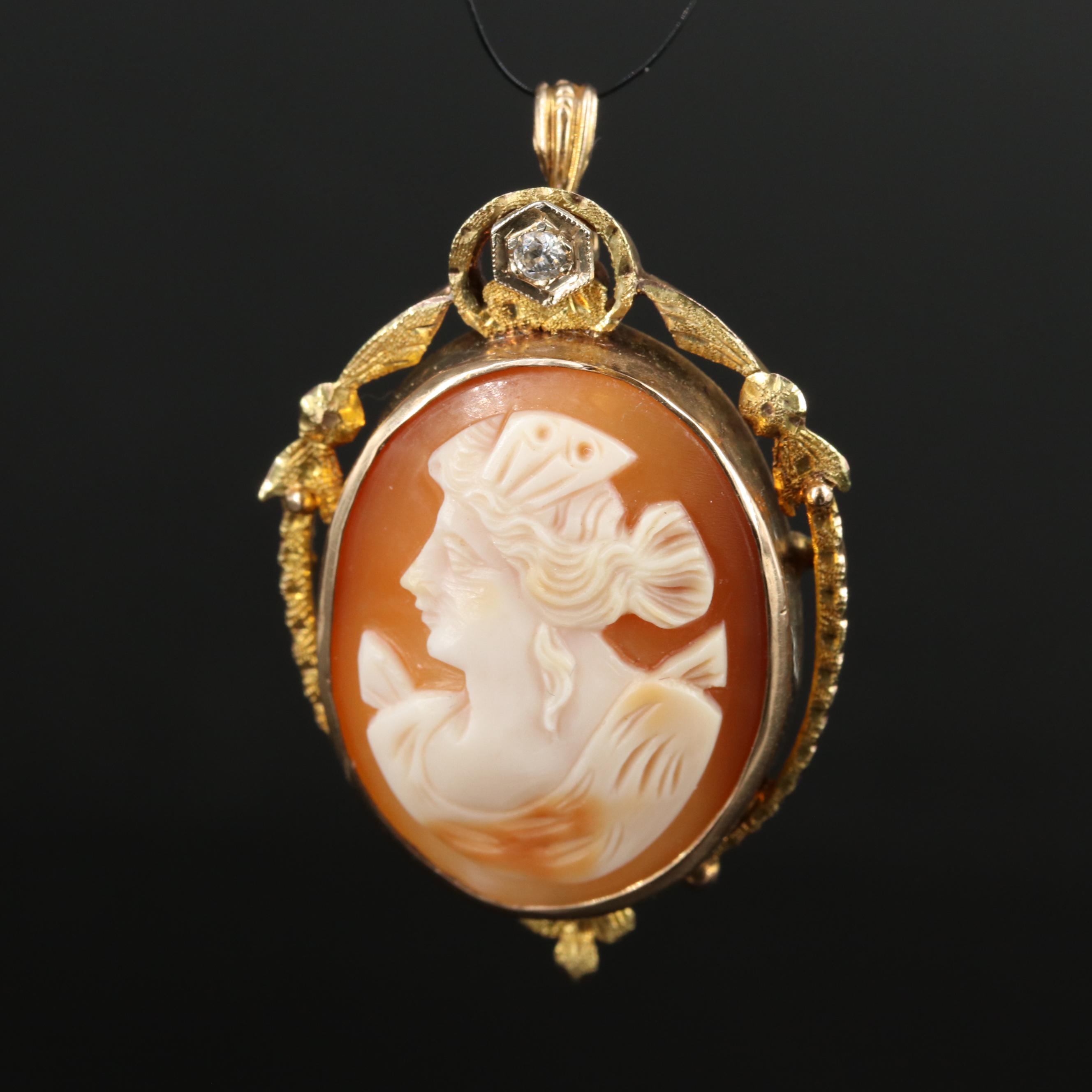 Vintage 10K Shell and Diamond Cameo Pendant
